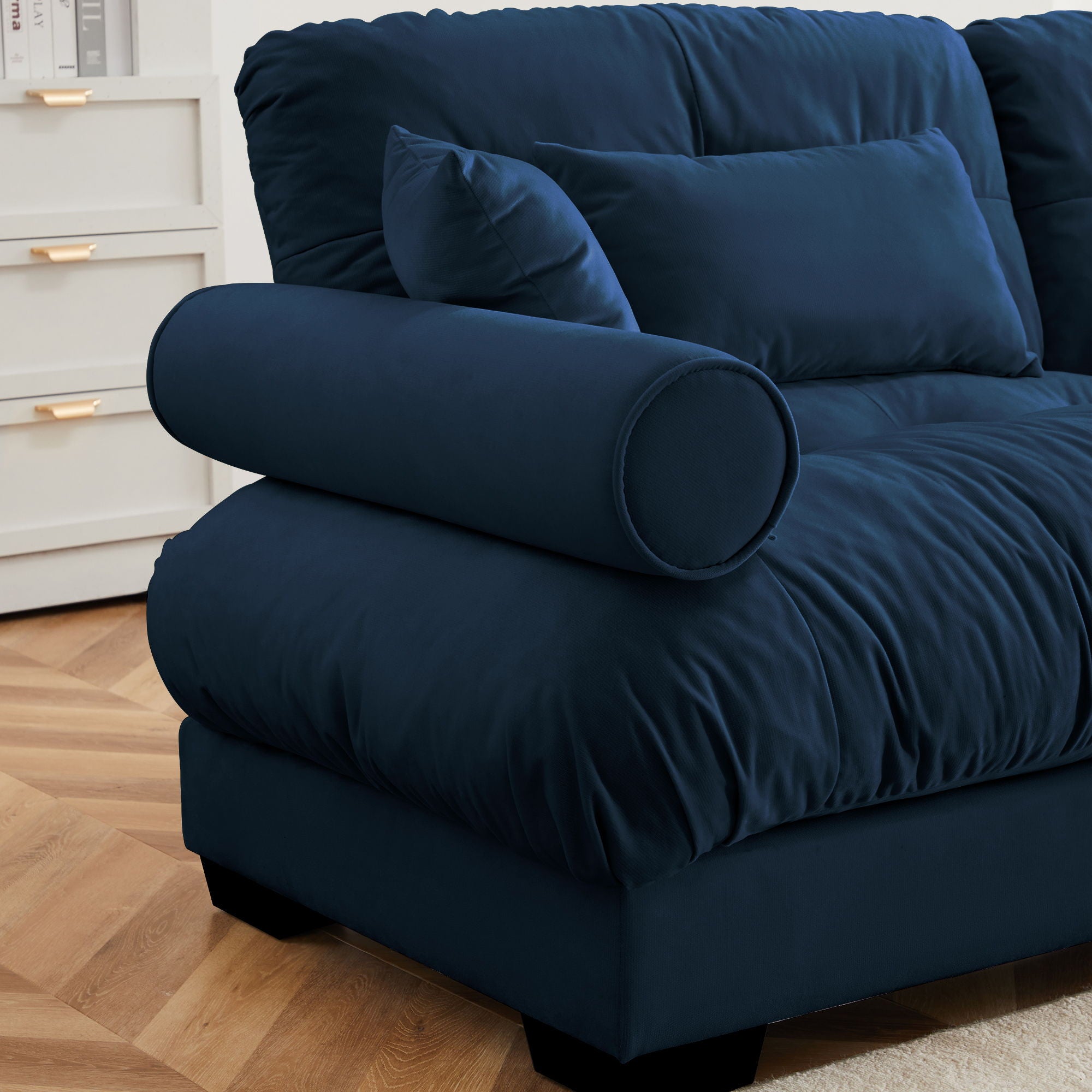 Modern Sofa With Bolstered Armrests And Pillows