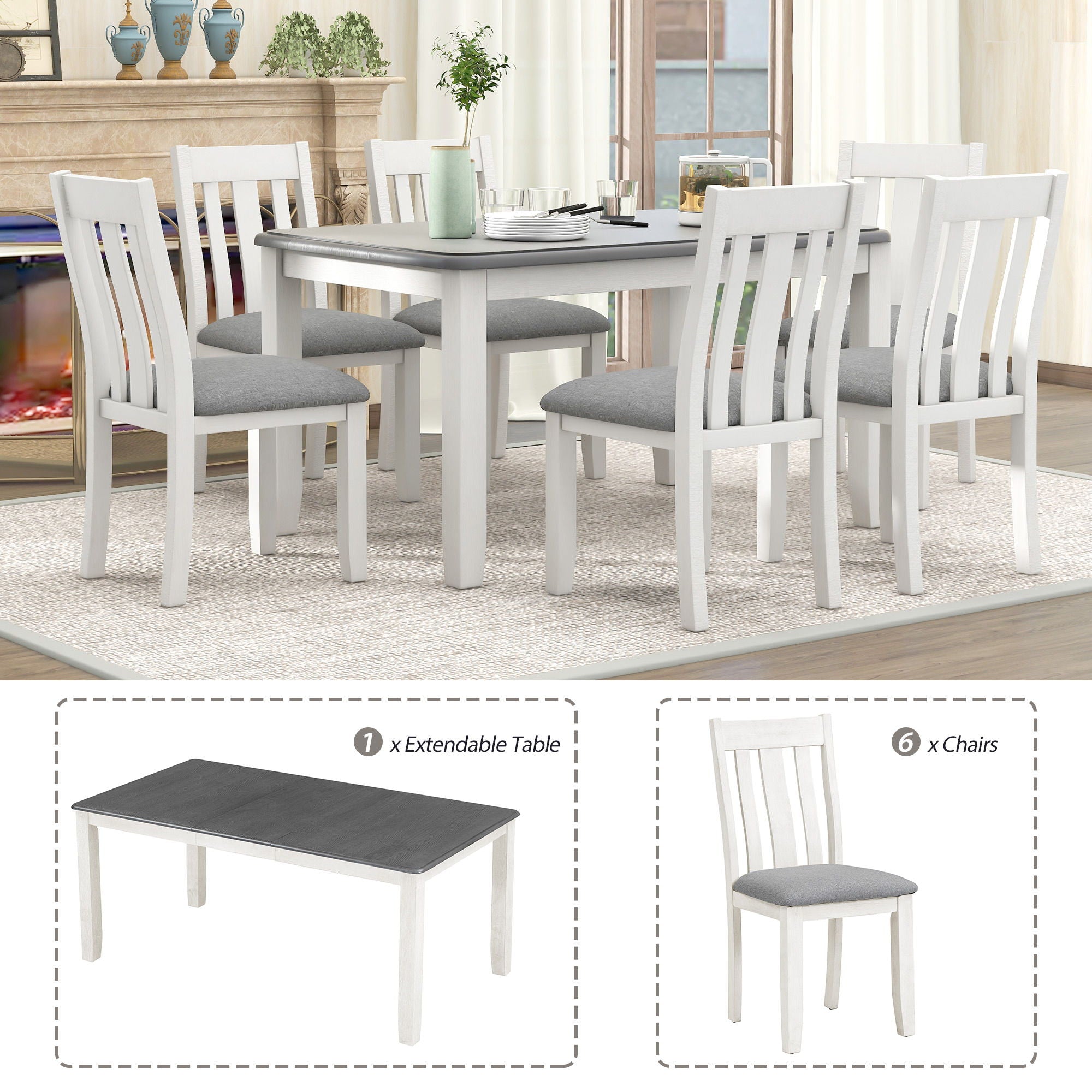 Retro Style 7 Piece Dining Table Set With Extendable Table And 6 Upholstered Chairs - Gray / White