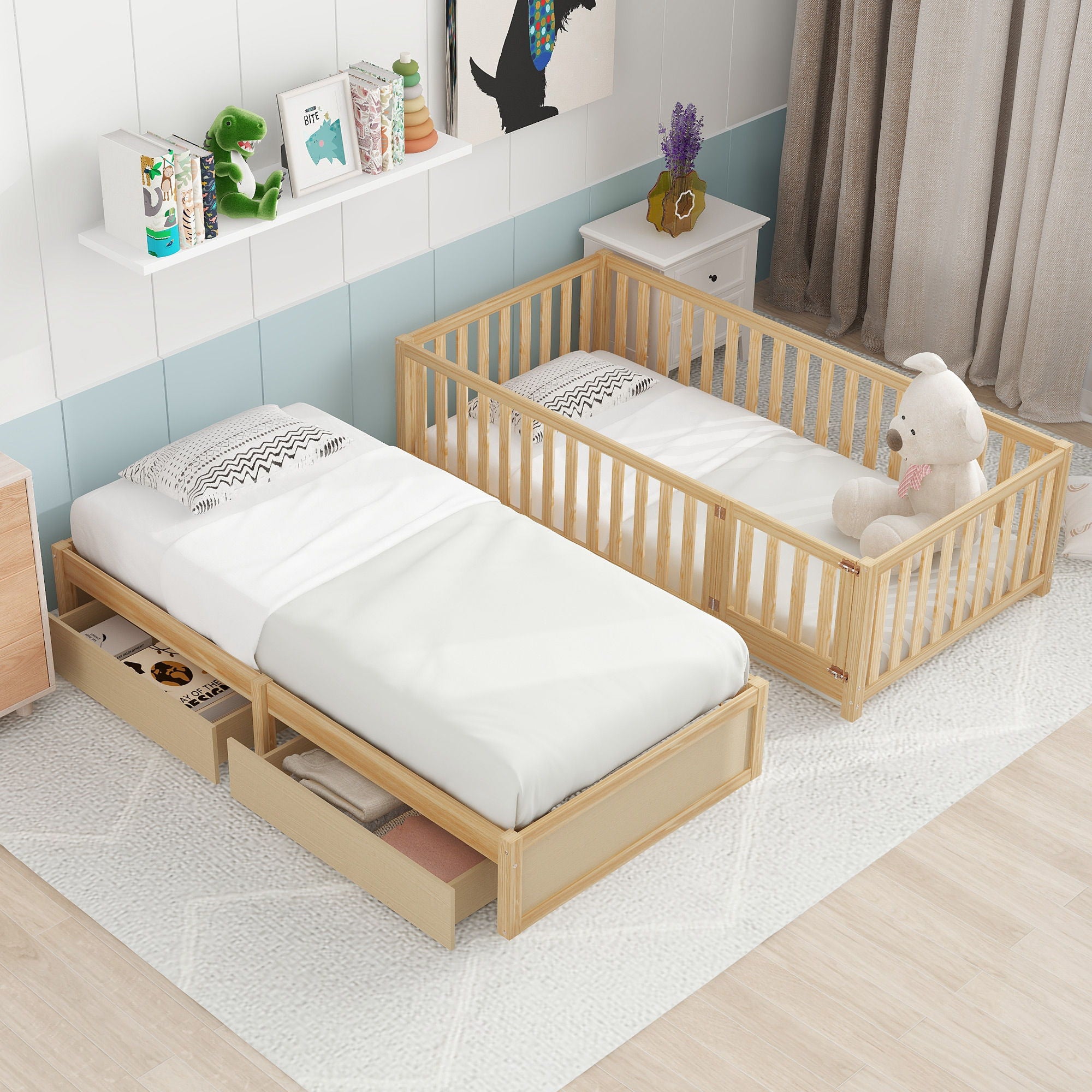 Daybed With Fence Guardrails And 2 Drawers, Split Into Independent Floor Bed & Daybed