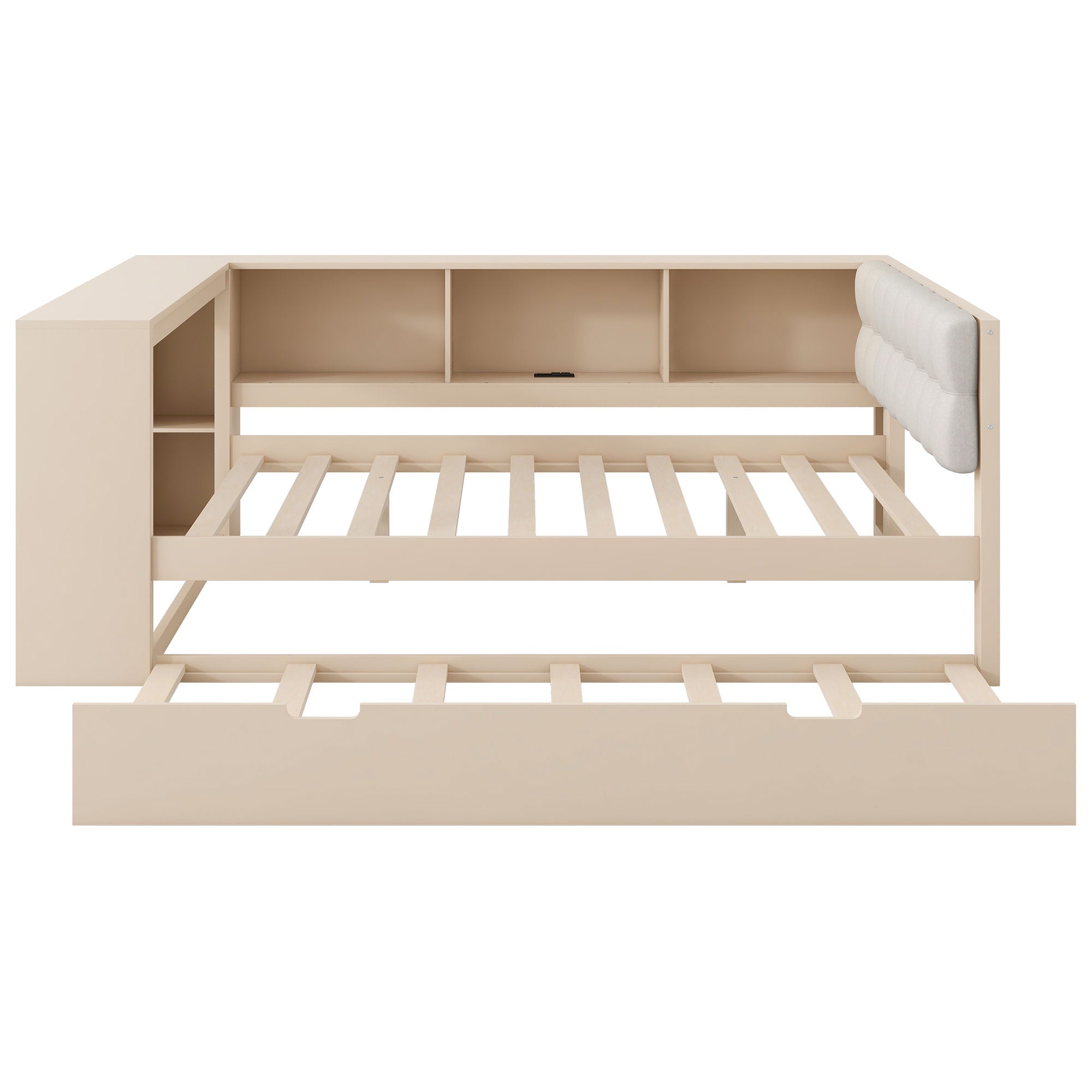 Upholstered Headboard Platform Bed With Storage Shelves, Trundle, Charging Station