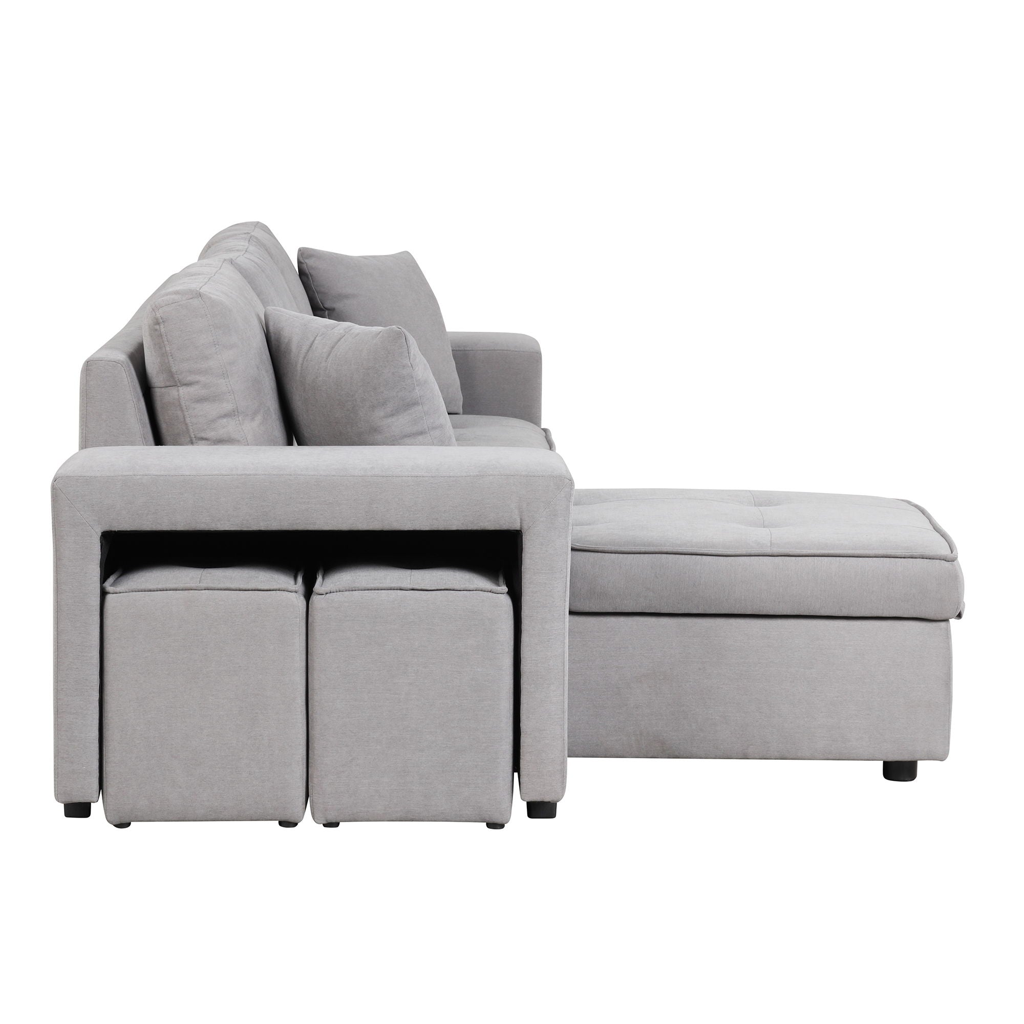 Modern L-Shape 3 Seat Reversible Sectional Couch, Pull Out Sleeper Sofa With Storage Chaise And 2 Stools For Living Room Furniture Set