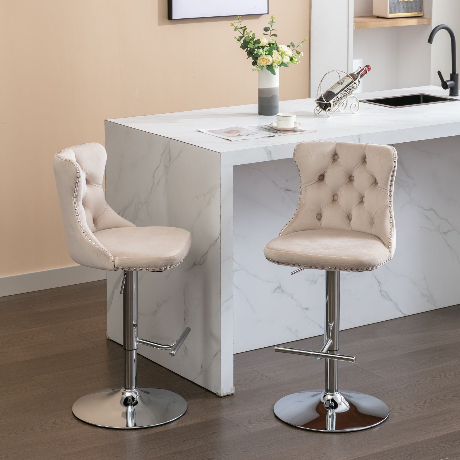 Swivel Barstools Adjusatble Seat Height From 25-33", Modern Upholstered Base Bar Stools With Backs Comfortable Tufted For Home Pub And Kitchen Island (Set of 2)