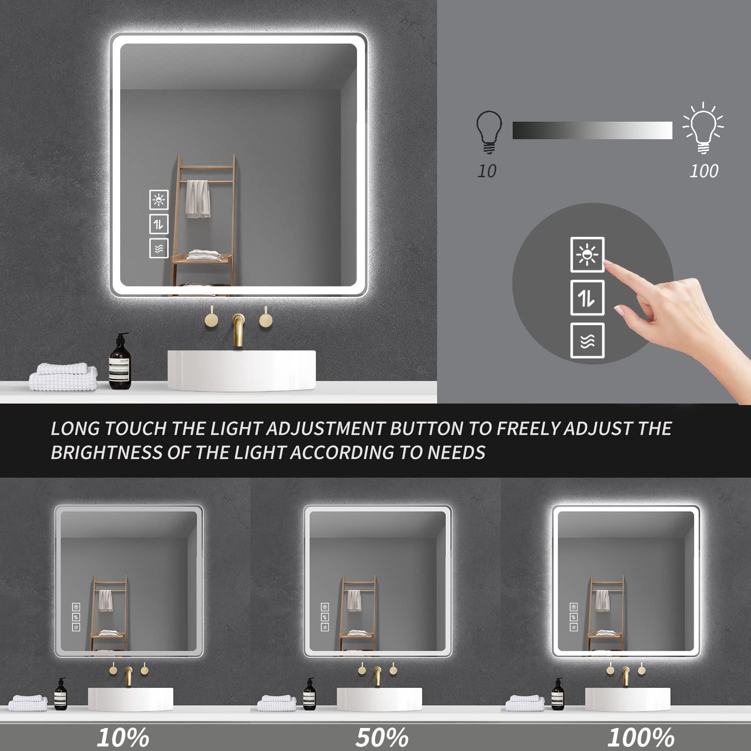 LED Bathroom Mirror, Anti Explosion Glass, Rust Resistant, Anti Fog, Tri Color