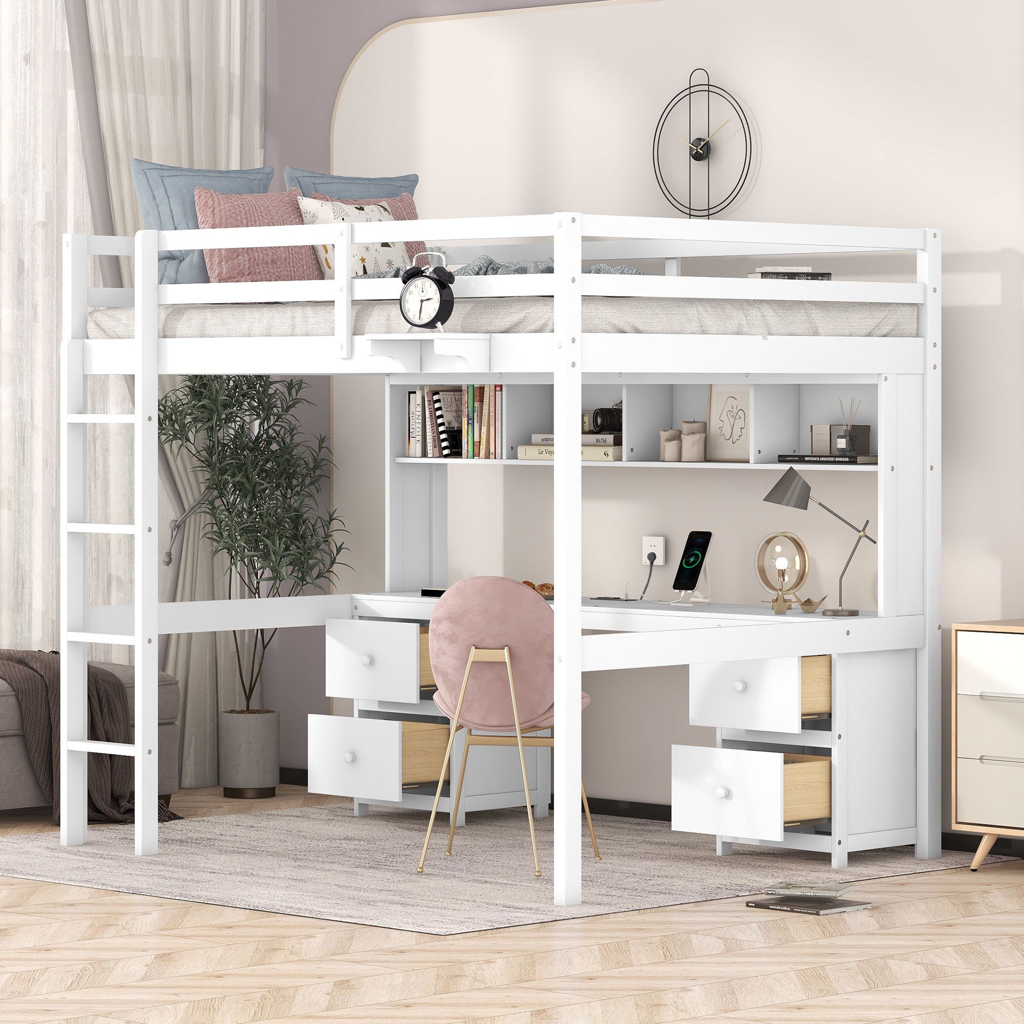 Loft Bed With Desk, Cabinets, Drawers, Charging Station And Bedside Tray