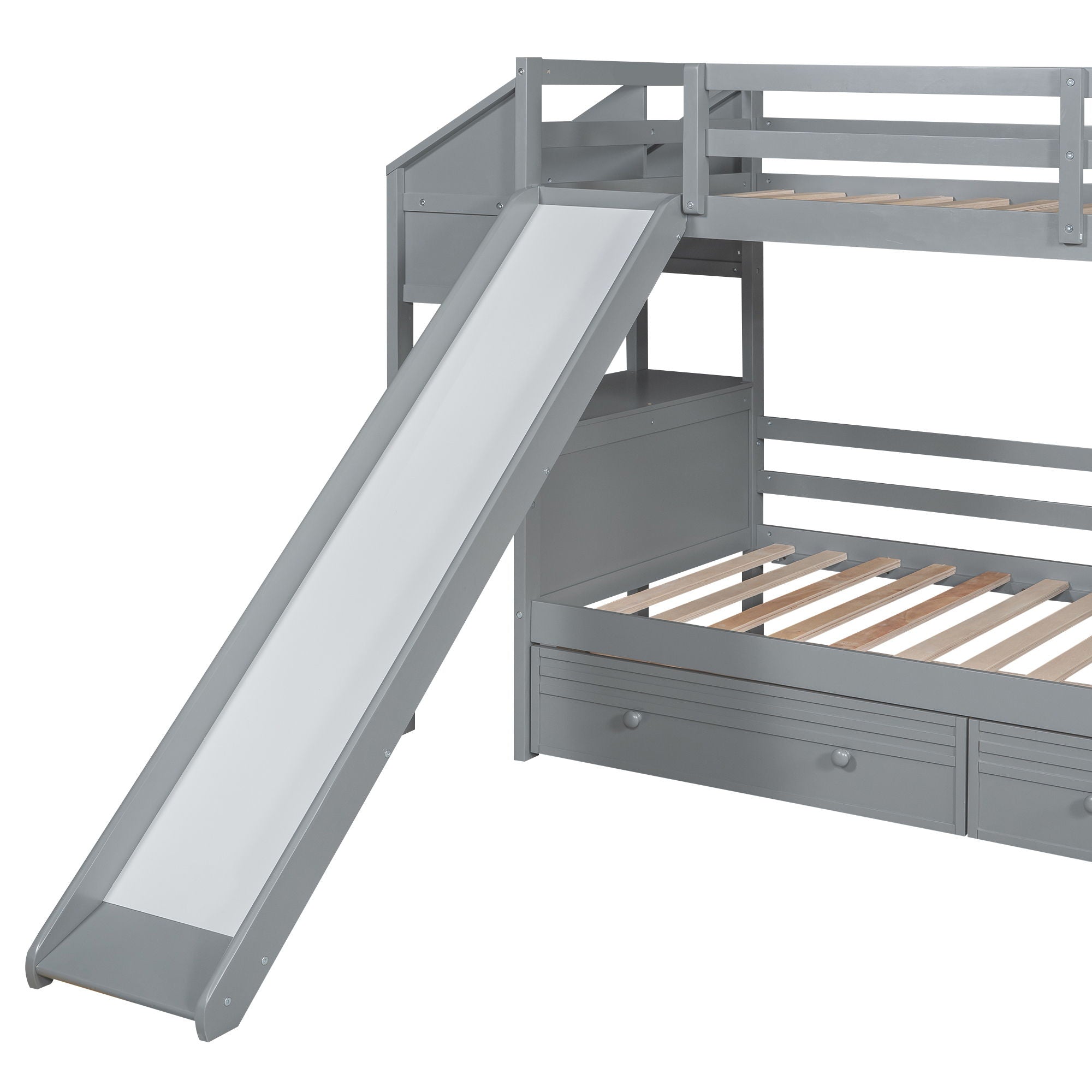 Bunk Bed With Storage Staircase, Slide, Desk, Drawers, And Shelves