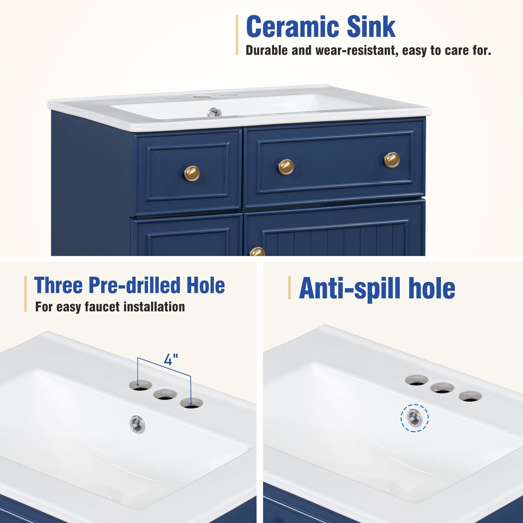 Transitional Style Bathroom Vanity Cabinet With Ceramic Sink