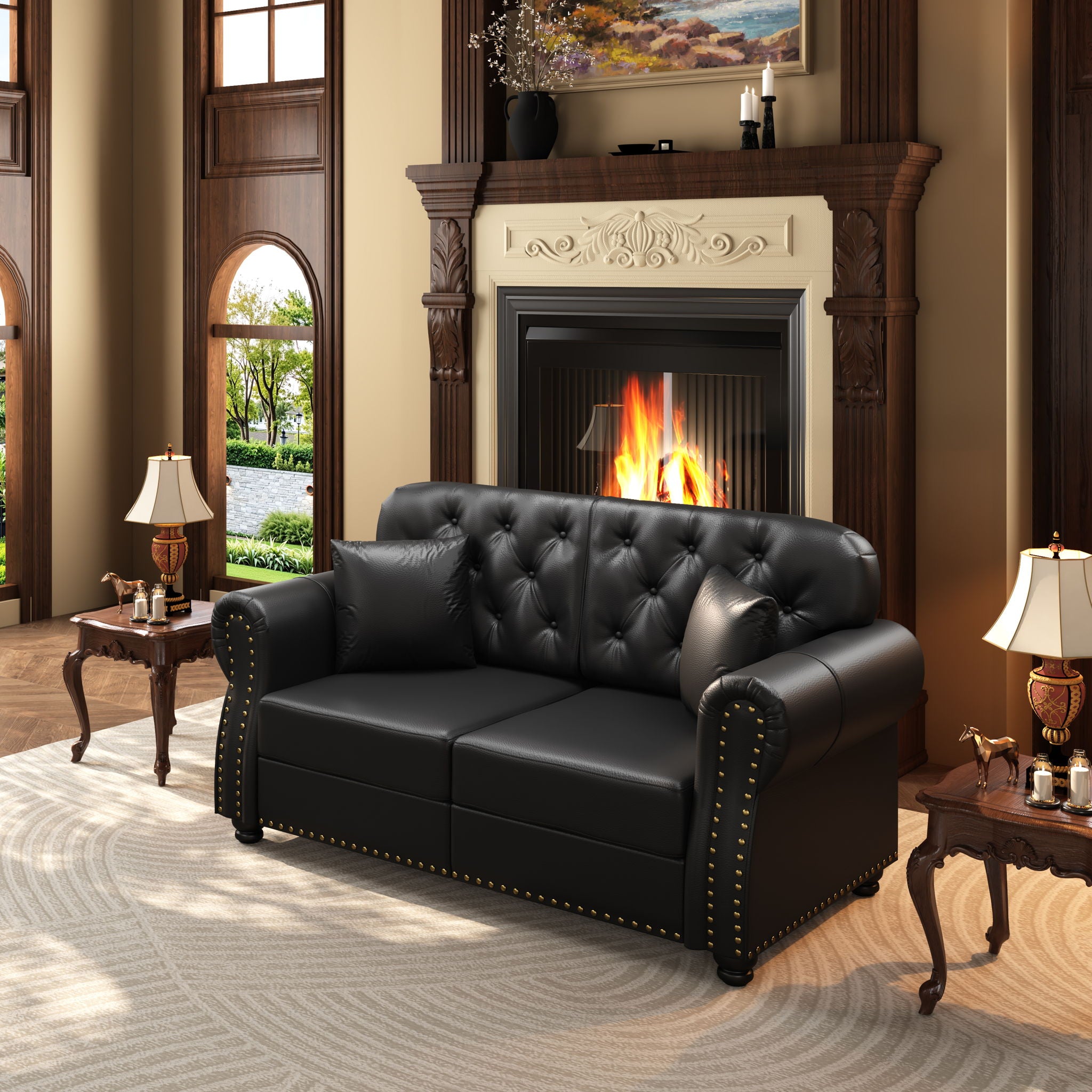 Upholstered Sofa With Nailhead Trim, Rolled Armrests With Ottoman