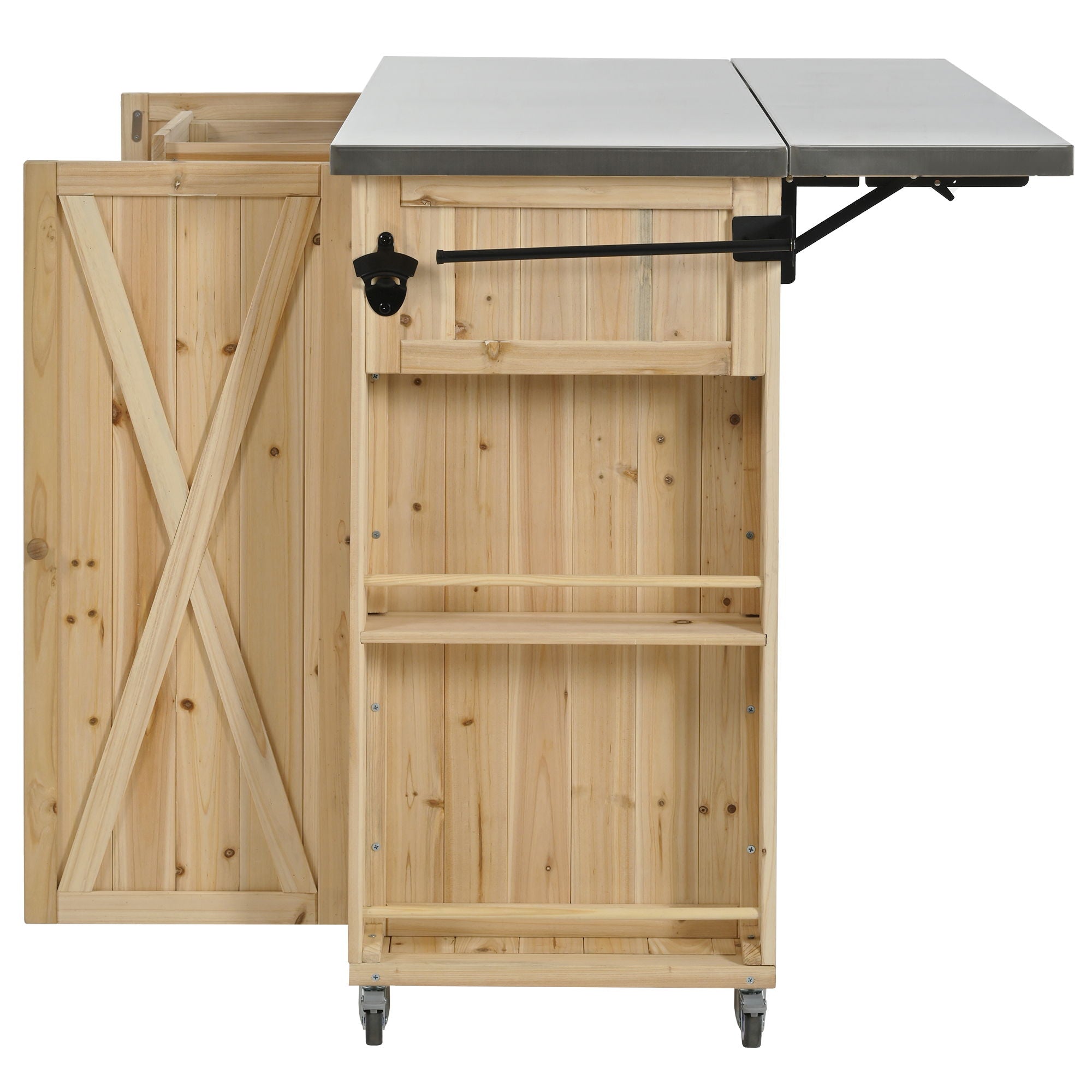 Outdoor Kitchen Island With Stainless Steel Top, Ample Storage Space, Towel And Spice Racks And A Bottle Opener