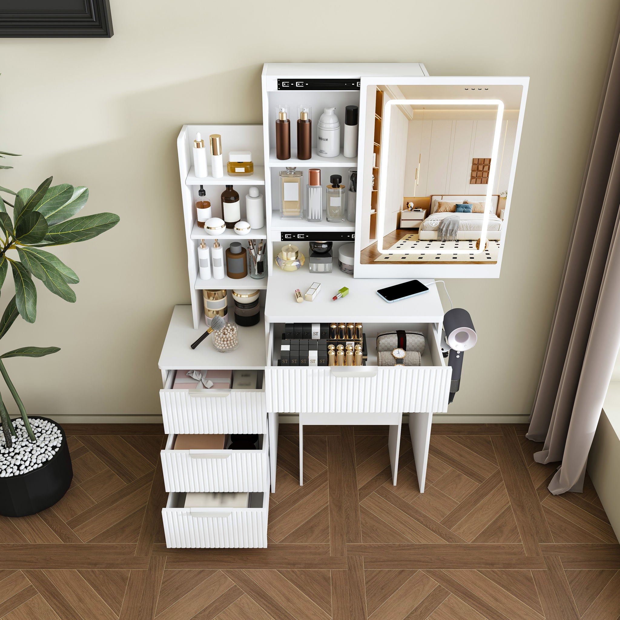 Modern Vanity Desk With 3 LED Lighting Modes, 4 Drawers
