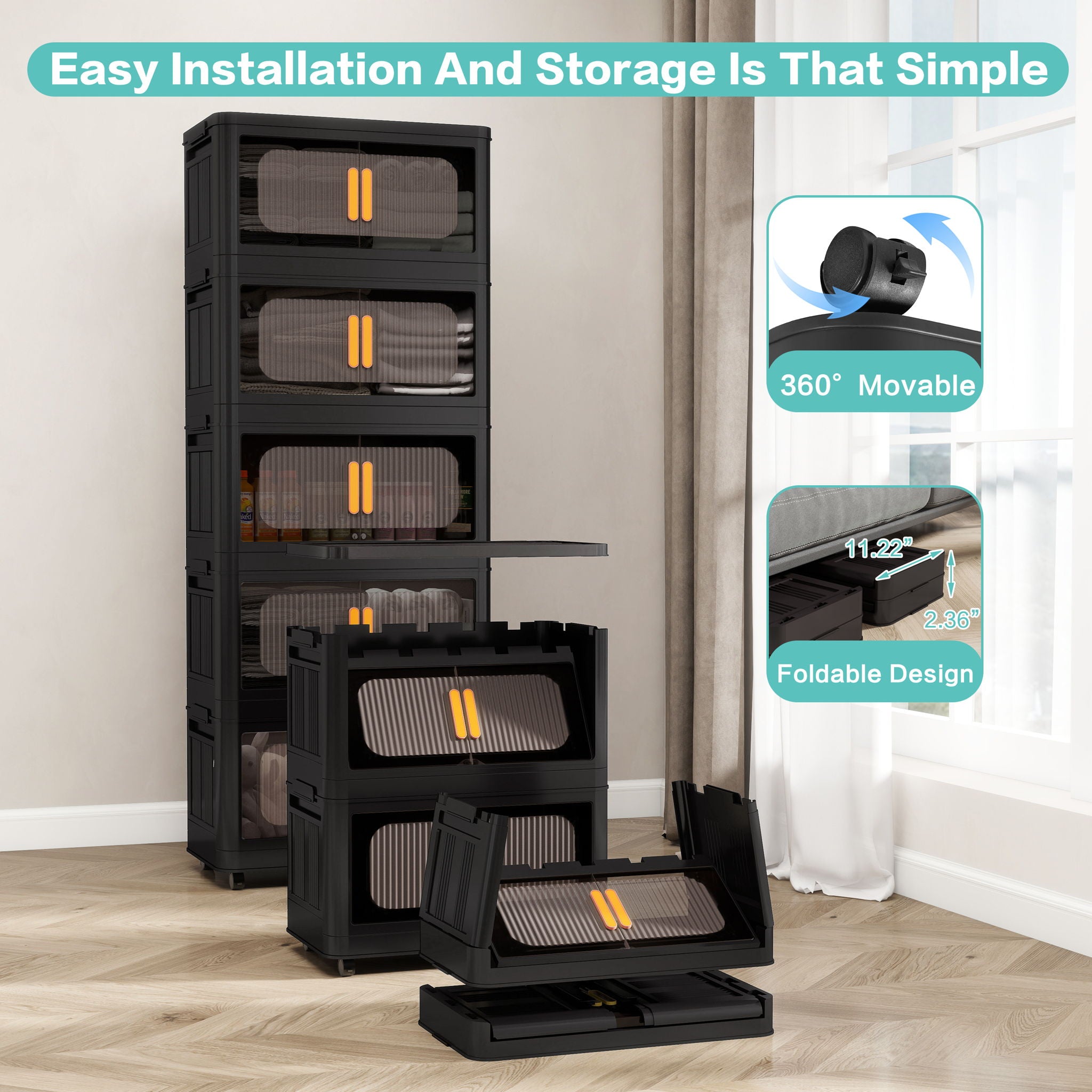 Folding Storage Cabinet With Magnetic Doors And Wheels