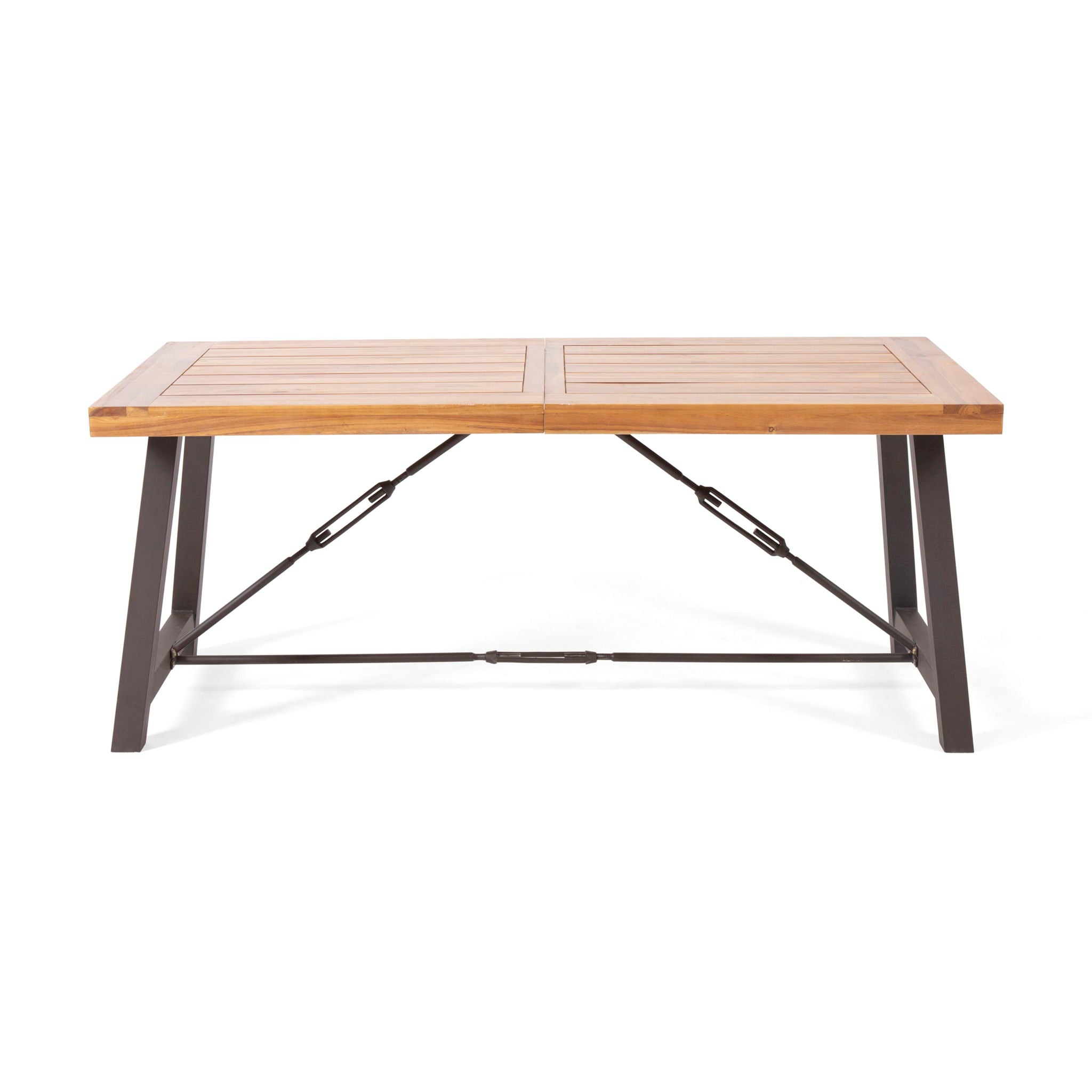 Outdoor Dining Table With Slat Wooden Panel And Turnbuckle Accents - Teak