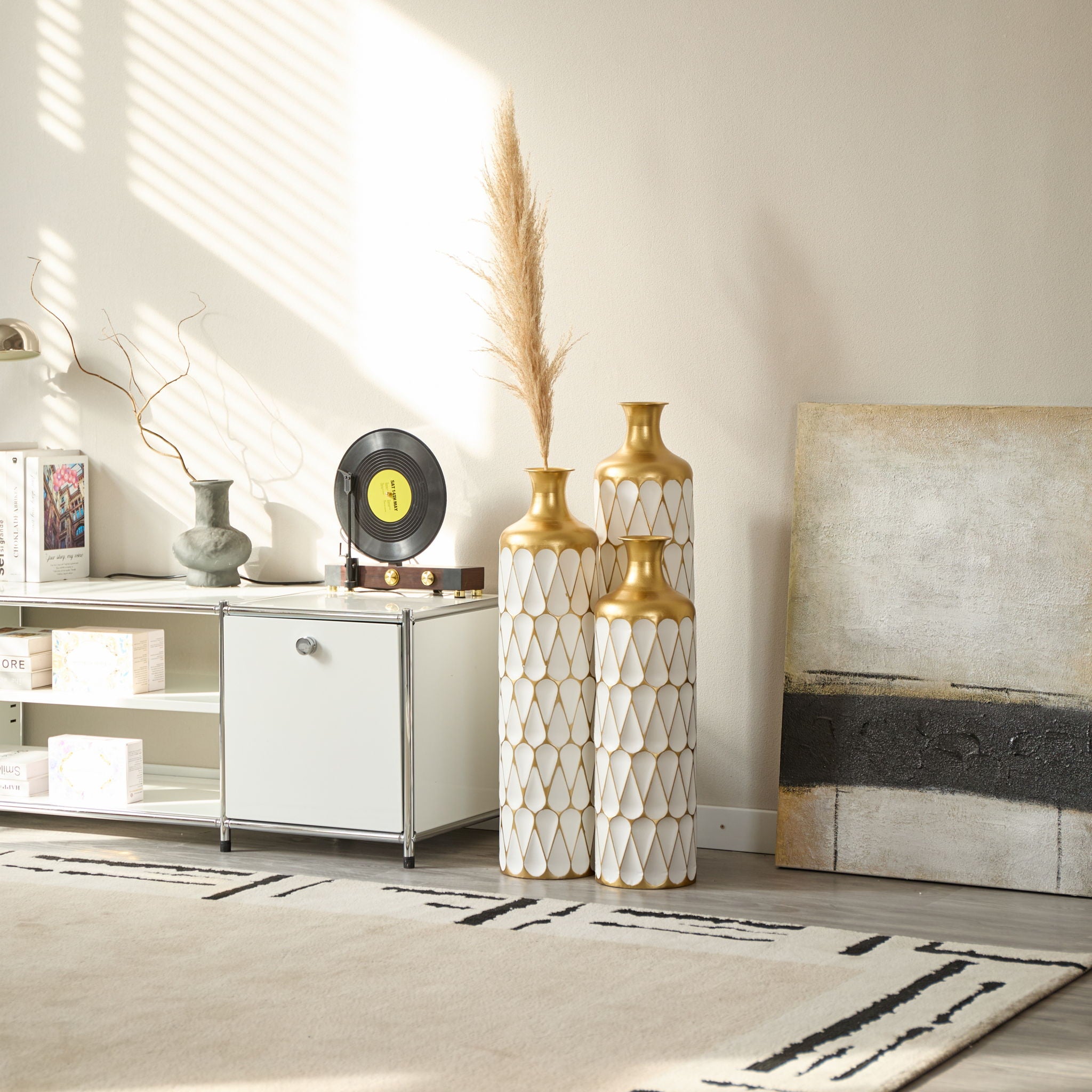 Floor Metal Vase Modern Style Decoration Home Droplet Shaped Metal Vase 3 Piece Set Gorgeous Home Decoration Large Glazed Metal Vase - Gold / White