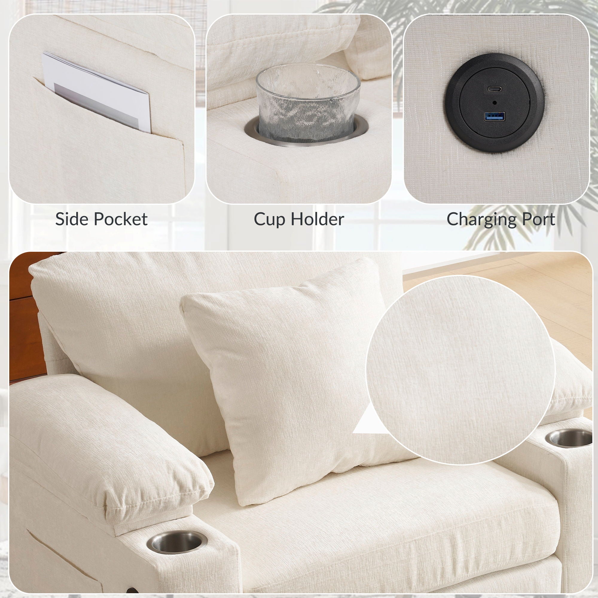 Fabric Sofa Bed With Cupholders And USB Charging Ports Chair For Living Room