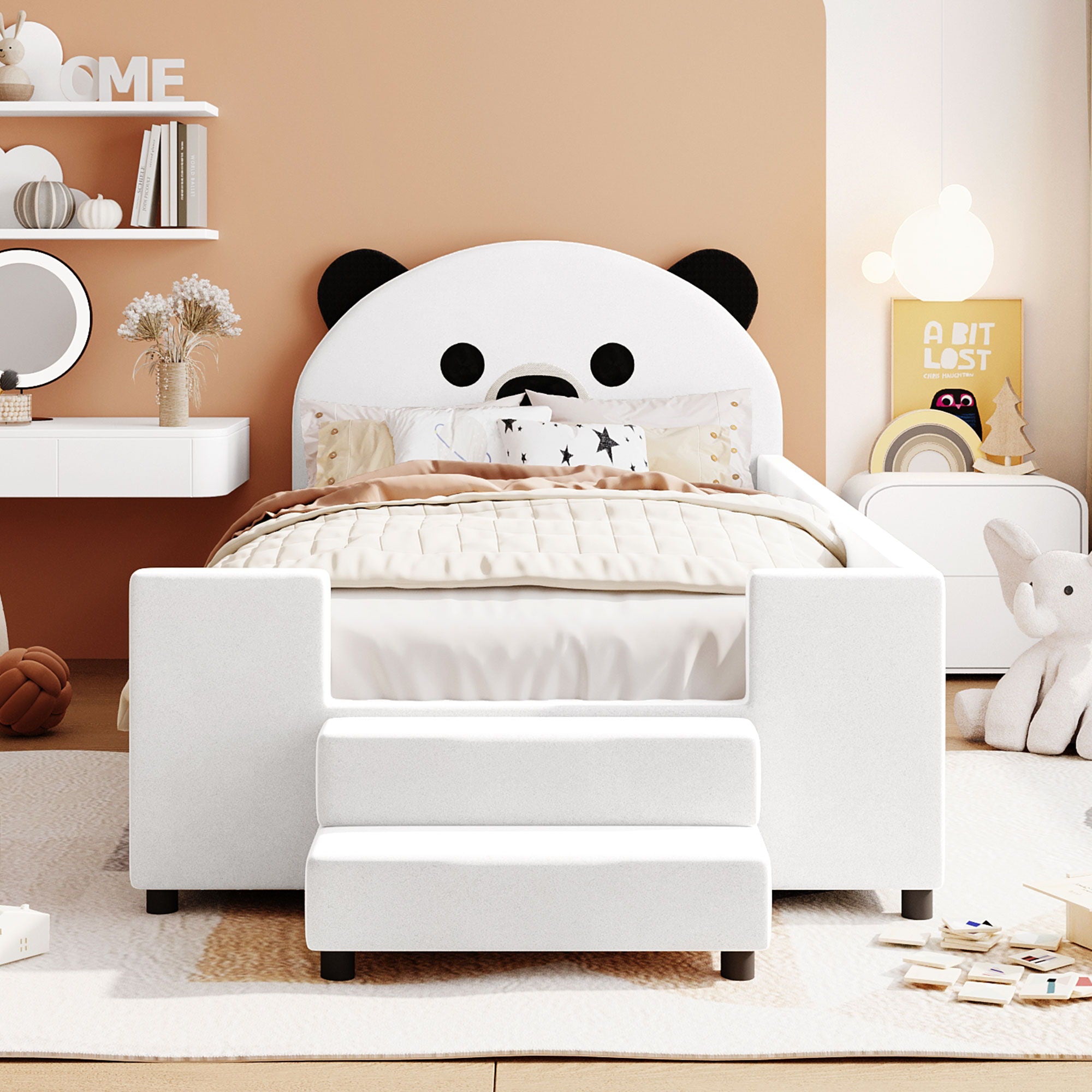 Upholstered Daybed With Bear Shaped Headboard, Hydraulic System And Breathable Fence