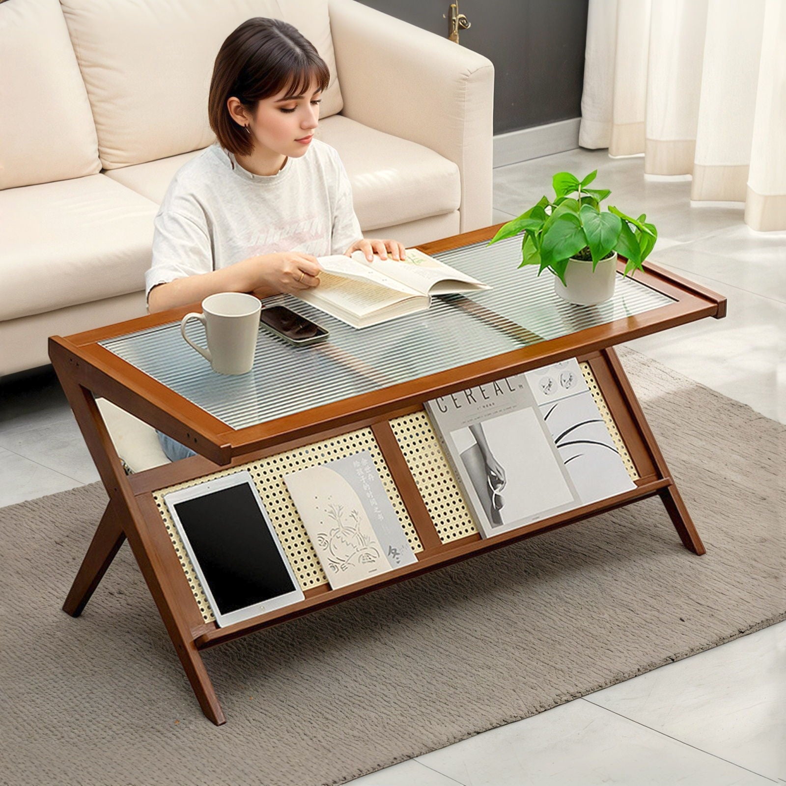 Rattan Coffee Tables For Living Room, Mid Century Modern Coffee Table With Glass Top, Large Boho Center Table With Storage - Brown