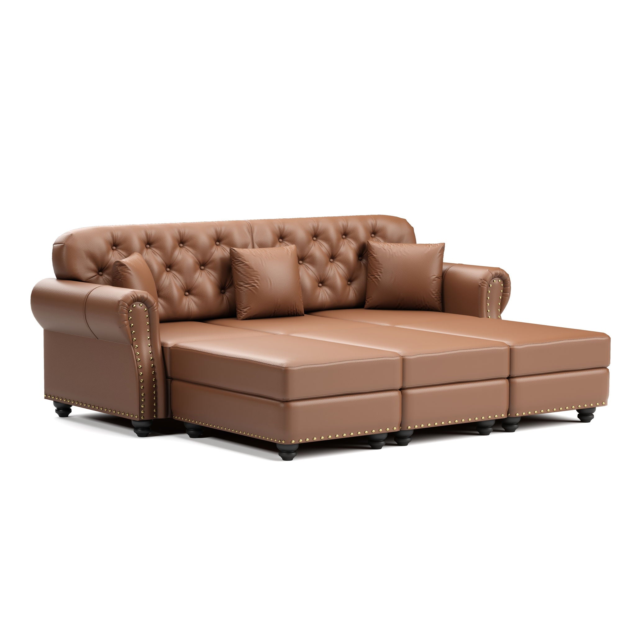 Upholstered Sofa With Nailhead Trim, Rolled Armrests With Ottoman