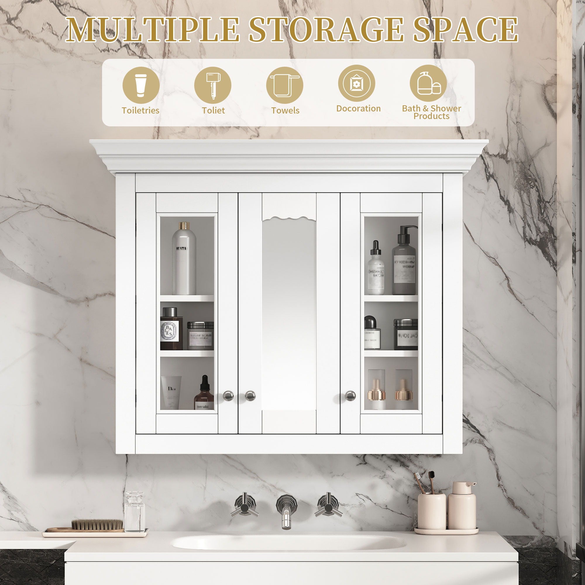 Bathroom Medicine Cabinet With Mirror, 5 Adjustable Closed Shelves, Wall-Mounted - White