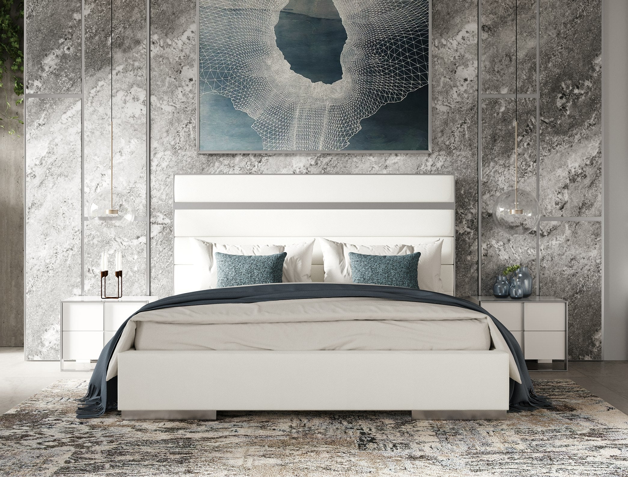 Modrest Cartier - Modern White Vegan Leather + Stainless Steel 4-Piece Bedroom Set