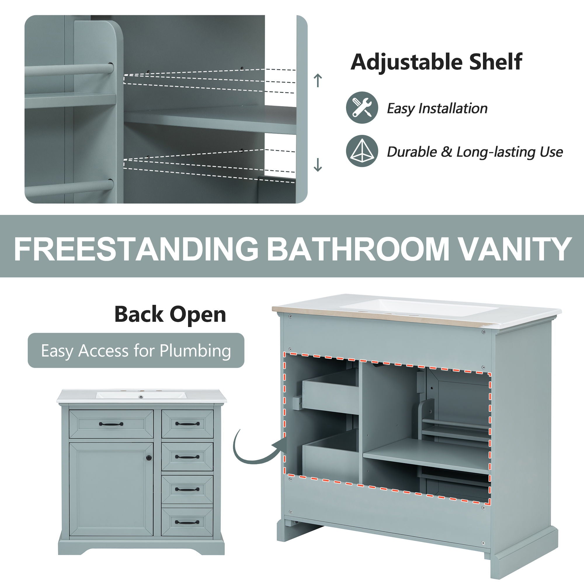 36" Bathroom Vanity With Sink, 2 Tip Out Drawers, Soft Close Hinges