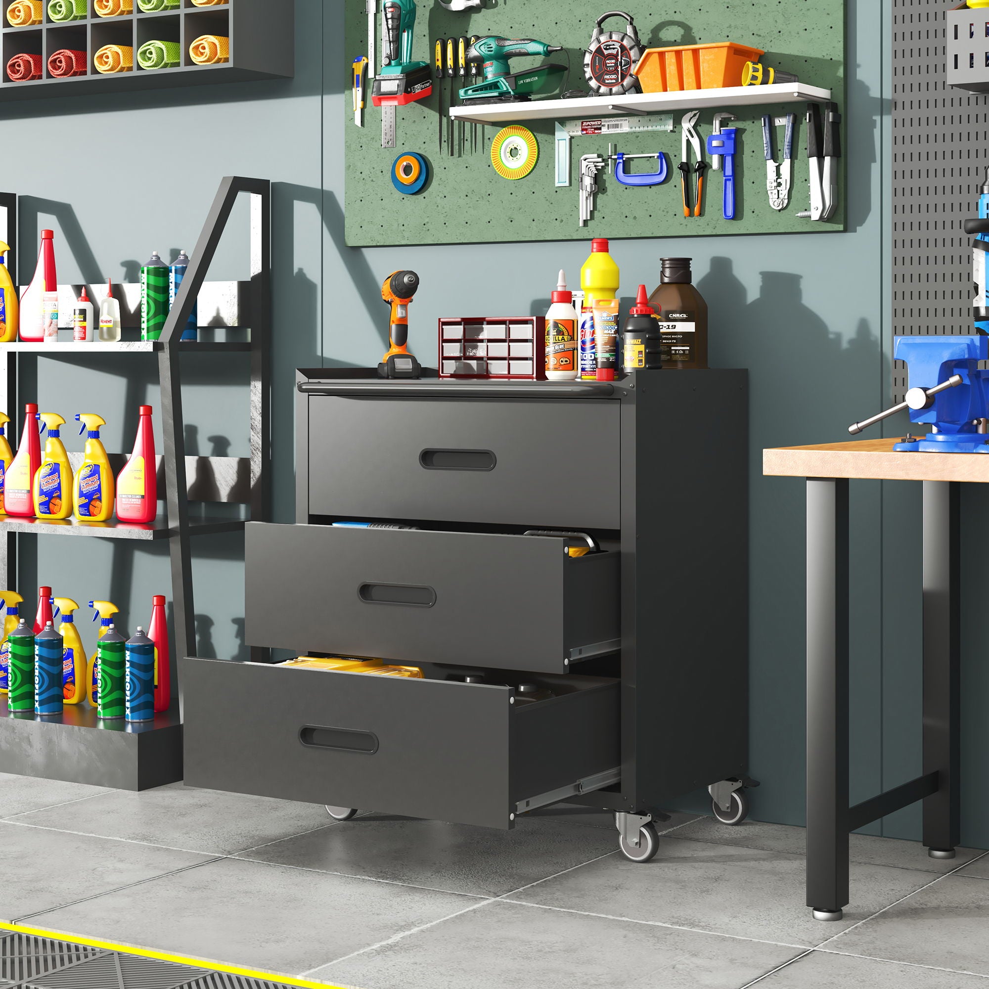 Heavy Duty Metal Storage Cabinet With Wheels 3 Drawer Tool Cabinet For Garage, Office, And Home Organizer Solutions