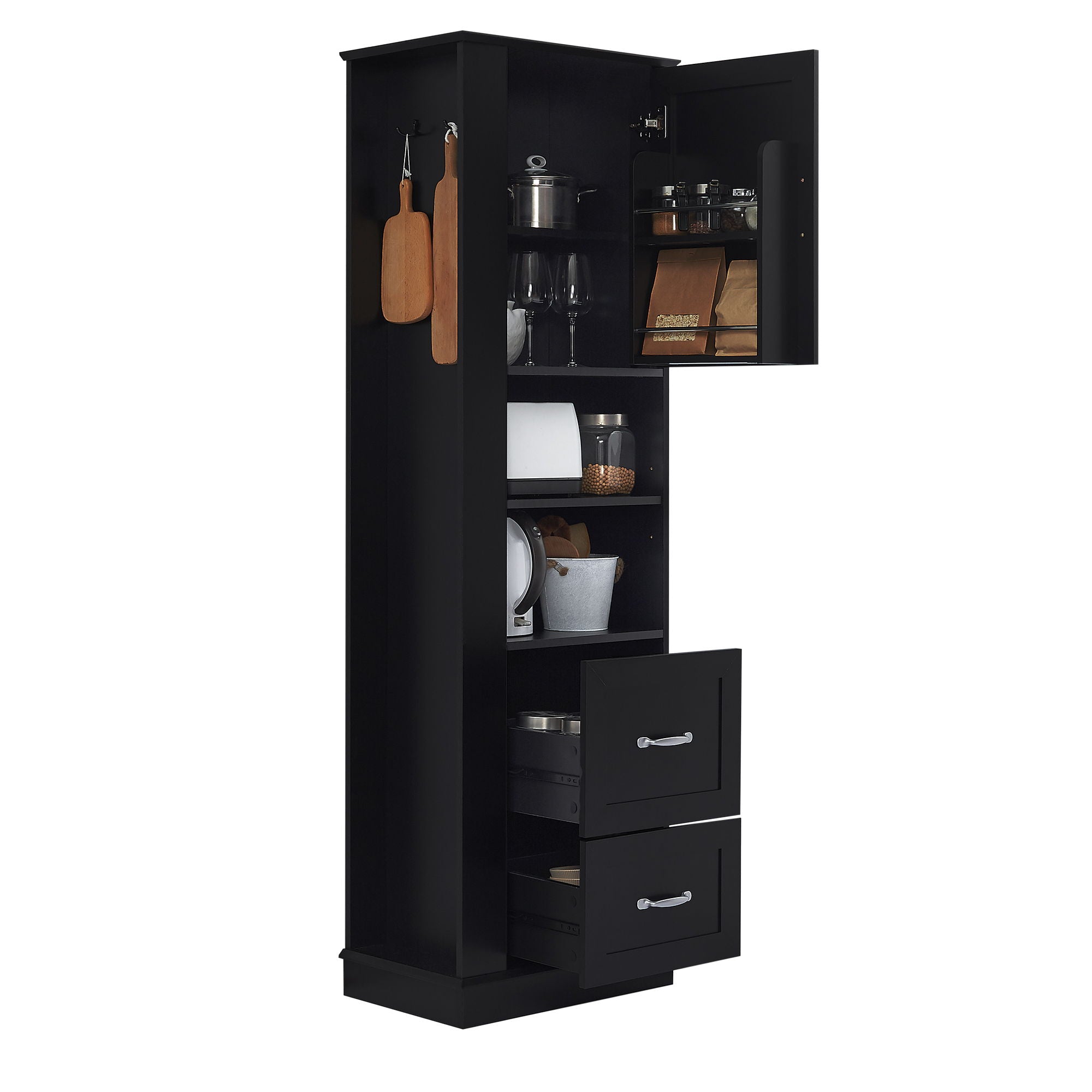 Freestanding Bathroom Storage Cabinet With Adjustable Shelves And Side Hooks Board, Rectangle Design