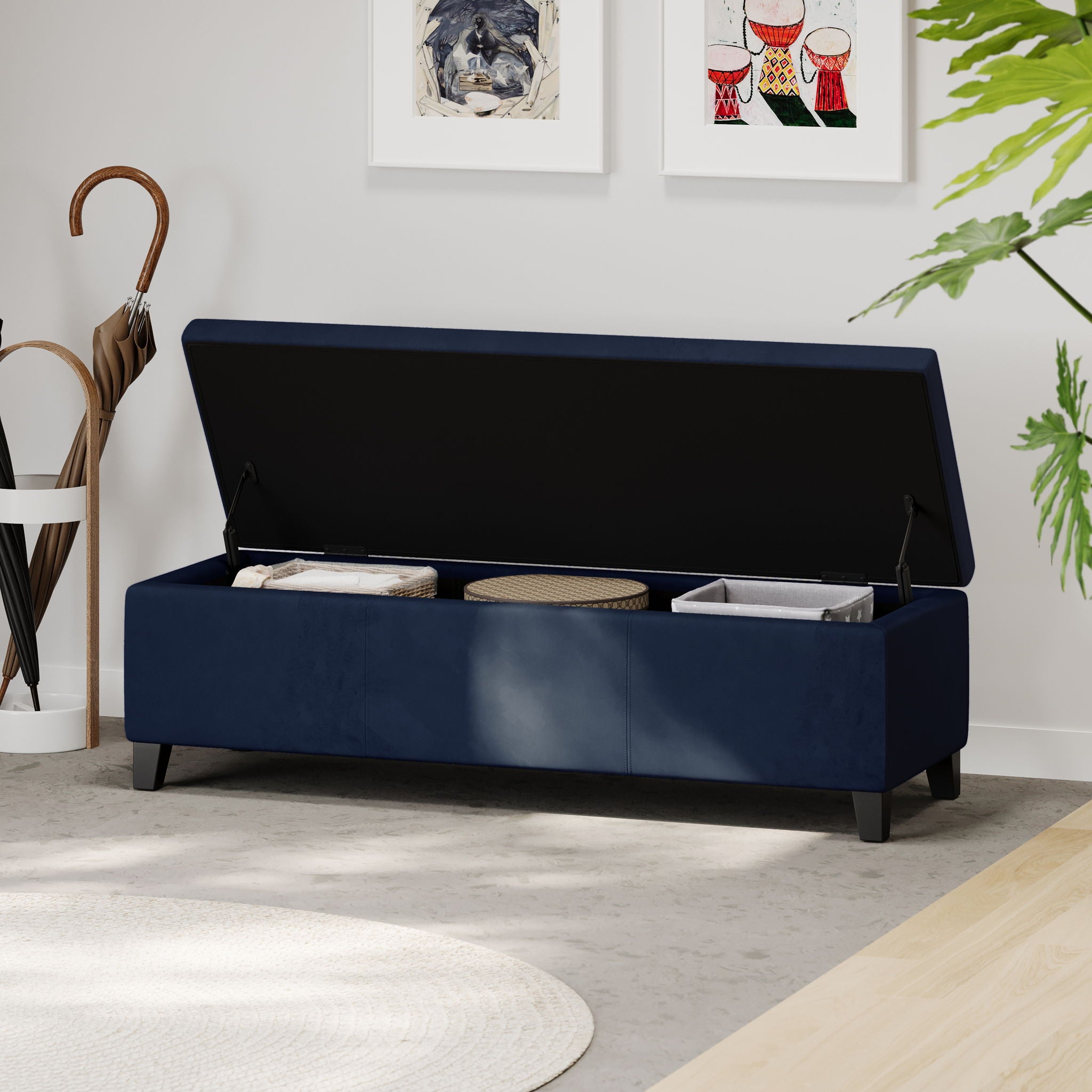 Velvet Storage Bench, Upholstered End Of Bed, Storage Ottoman Benches, Fabric Ottoman Bench With Large Storage Space For Living Room Entryway Bedroom - Dark Blue