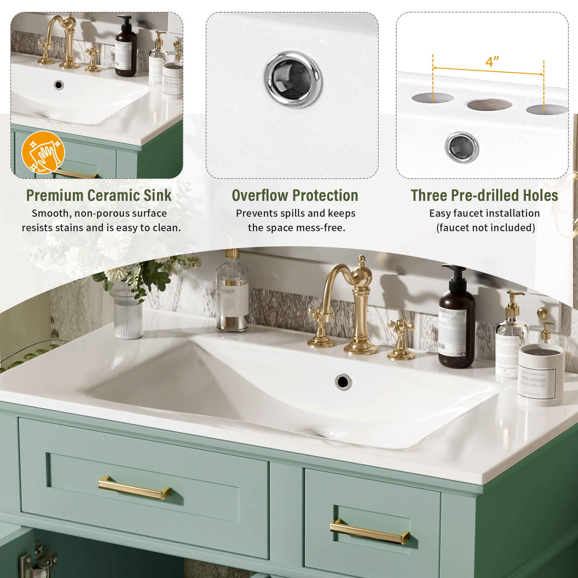 Modern Bathroom Vanity With Sink, Storage Cabinet, Soft Close Doors, Deep & Standard Drawers