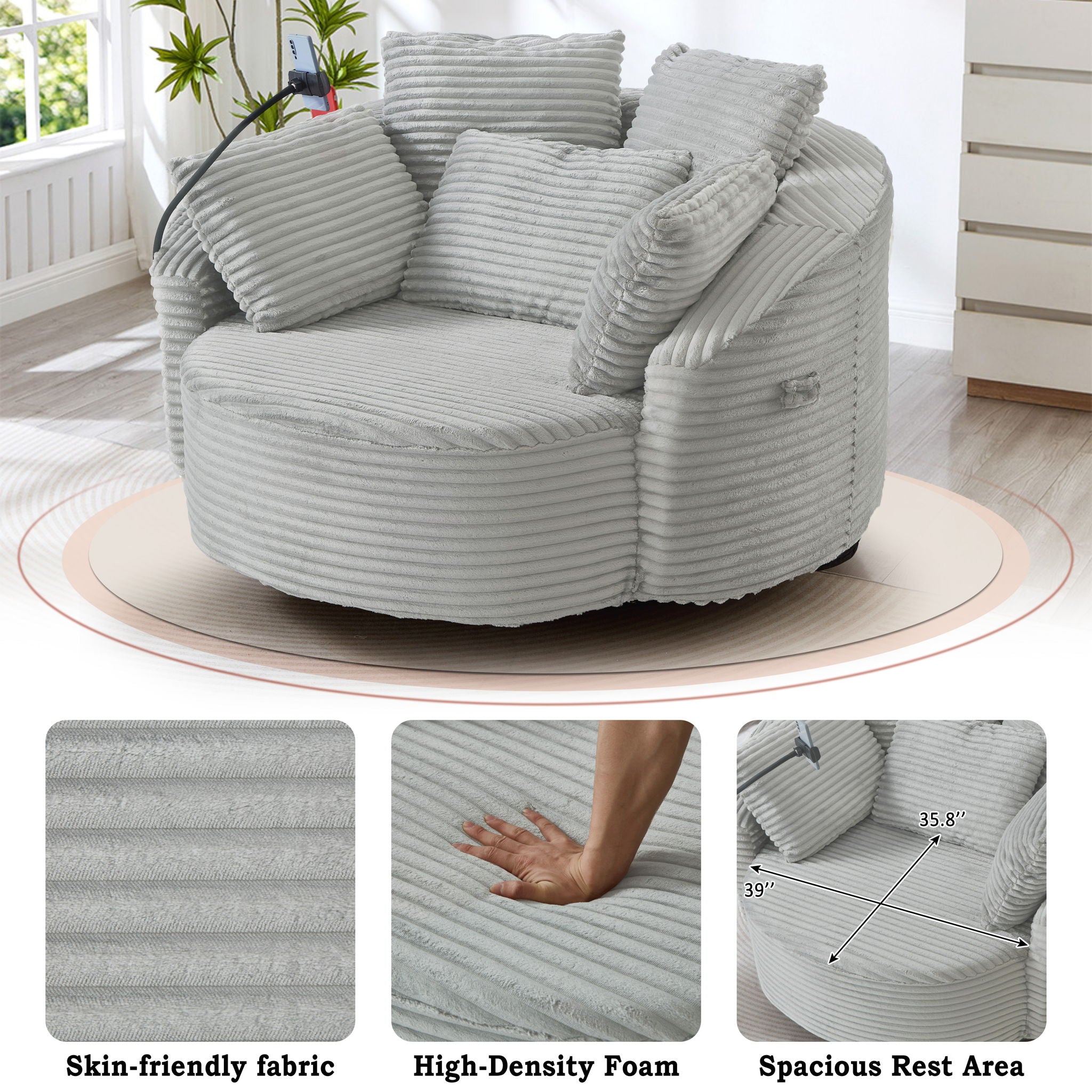 Swivel Accent Barrel Chair With Adjustable Phone Holder, 5 Pillows For Living Room