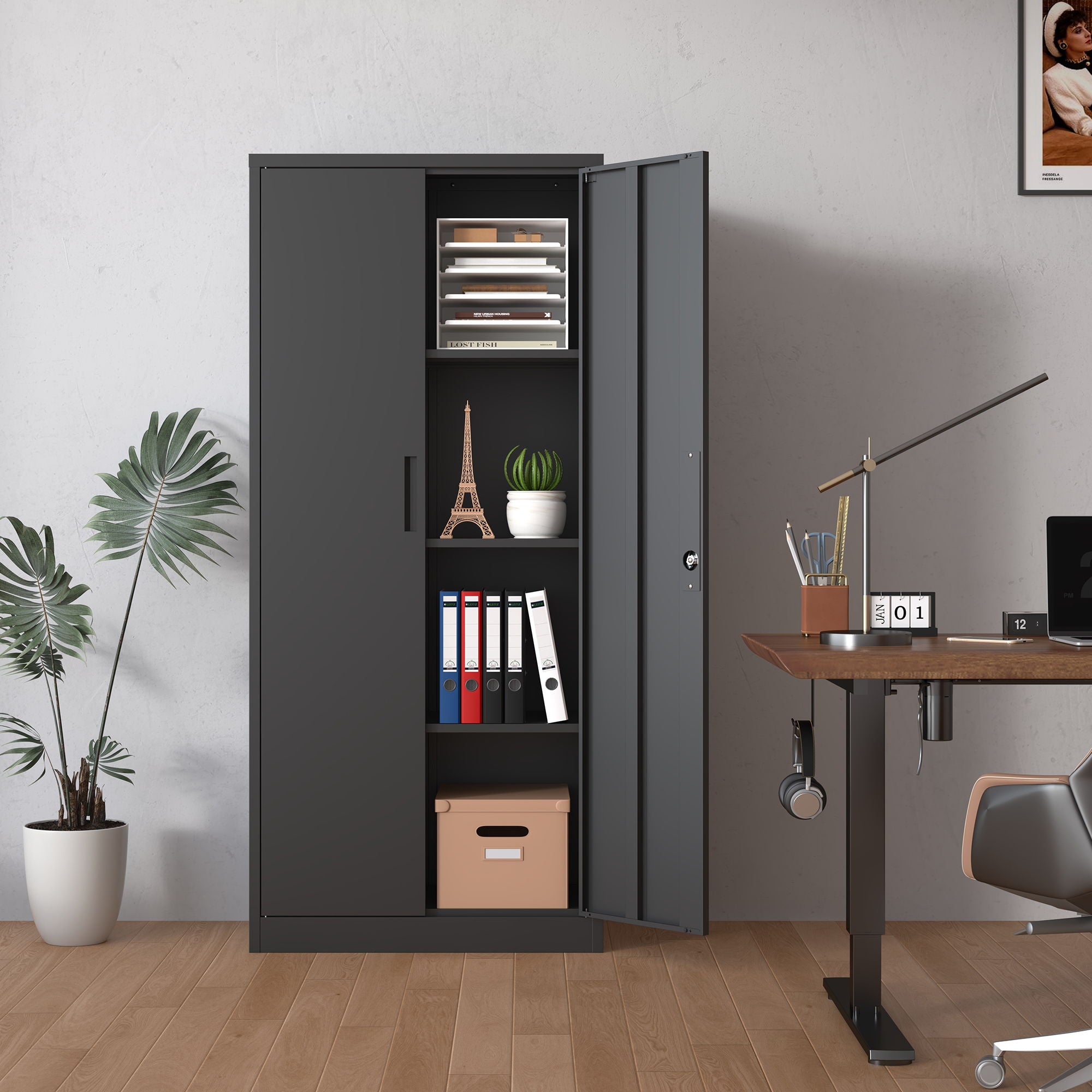 Heavy Metal Garage Storage Cabinet With Locking Doors, Steel, Adjustable Shelves