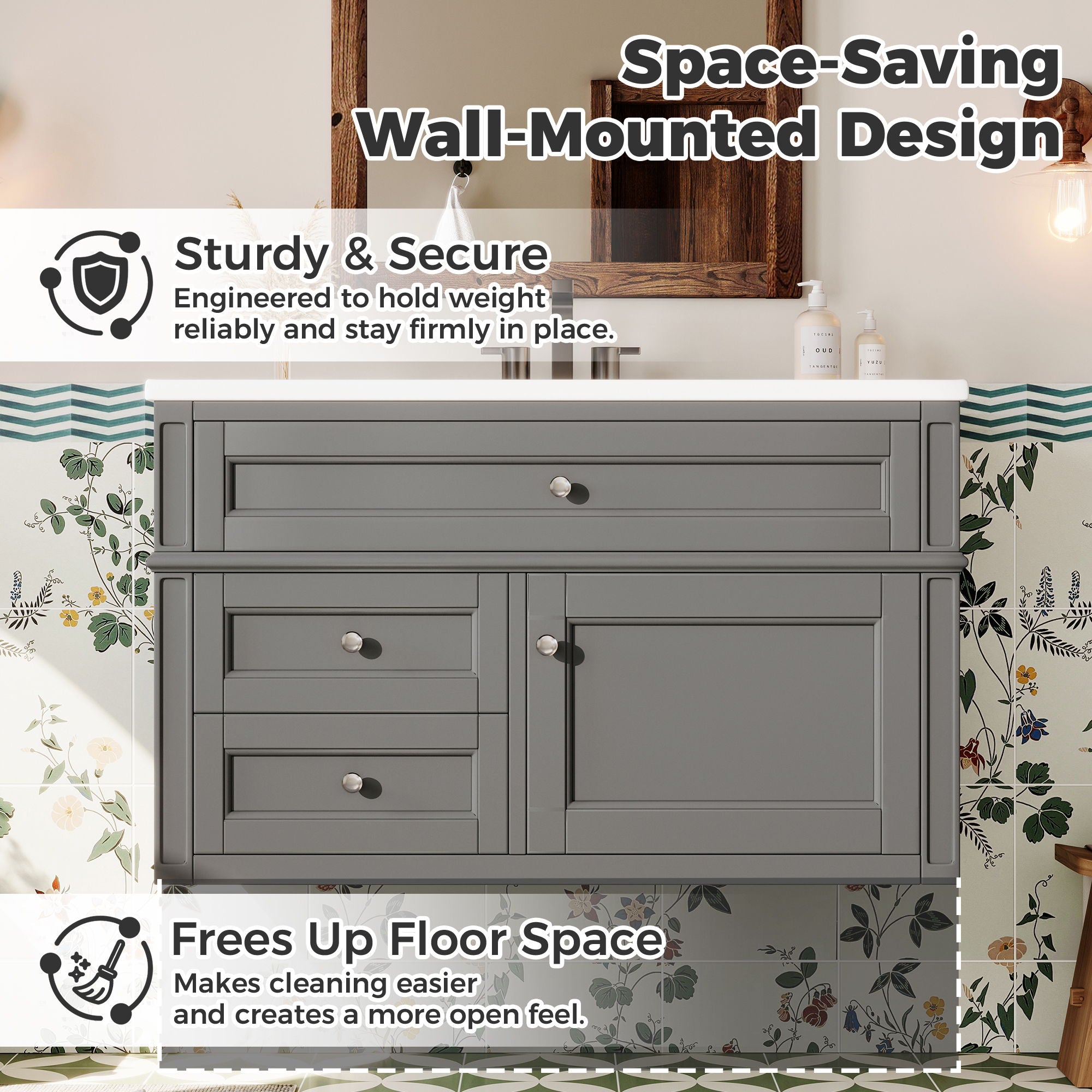 Modern Wall Mounted Floating Cabinet With Double Drawer And Sink