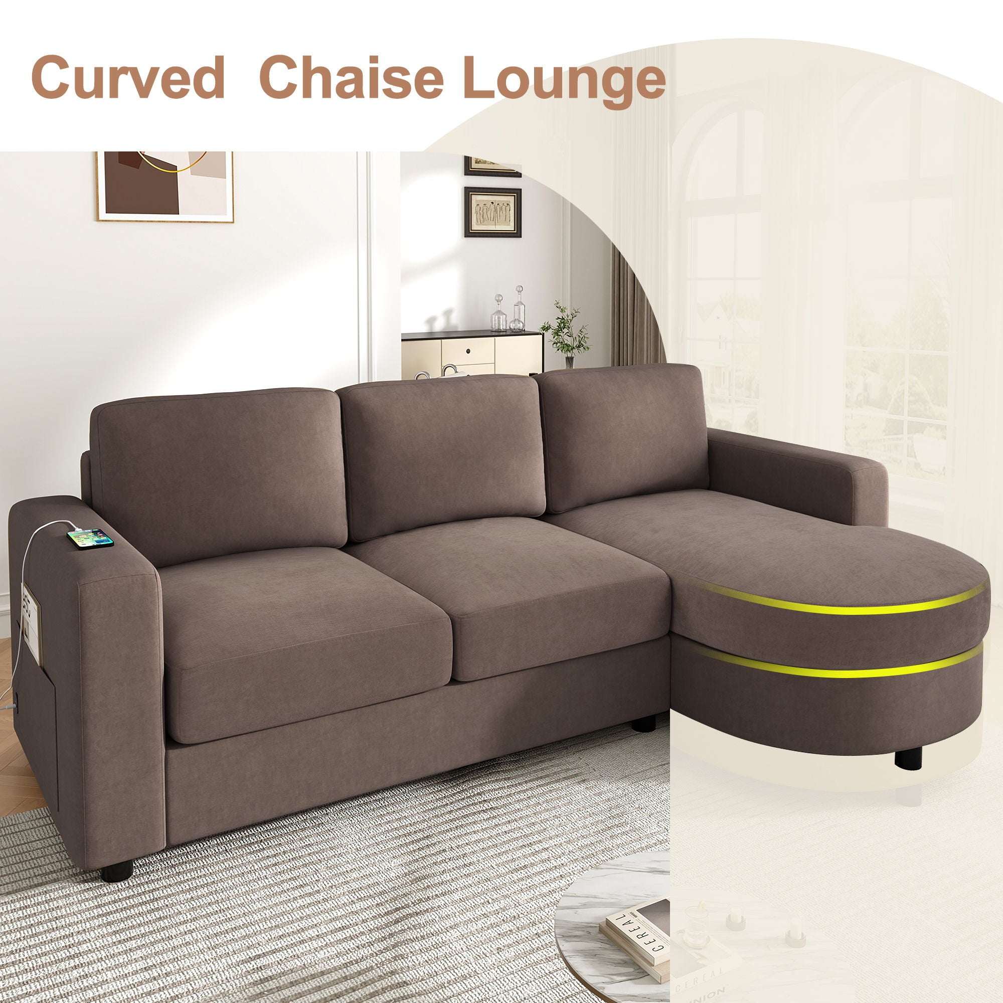 Modern L-Shaped Sectional Sofa With Curved Chaise, USB Ports, And Side Storage Pockets