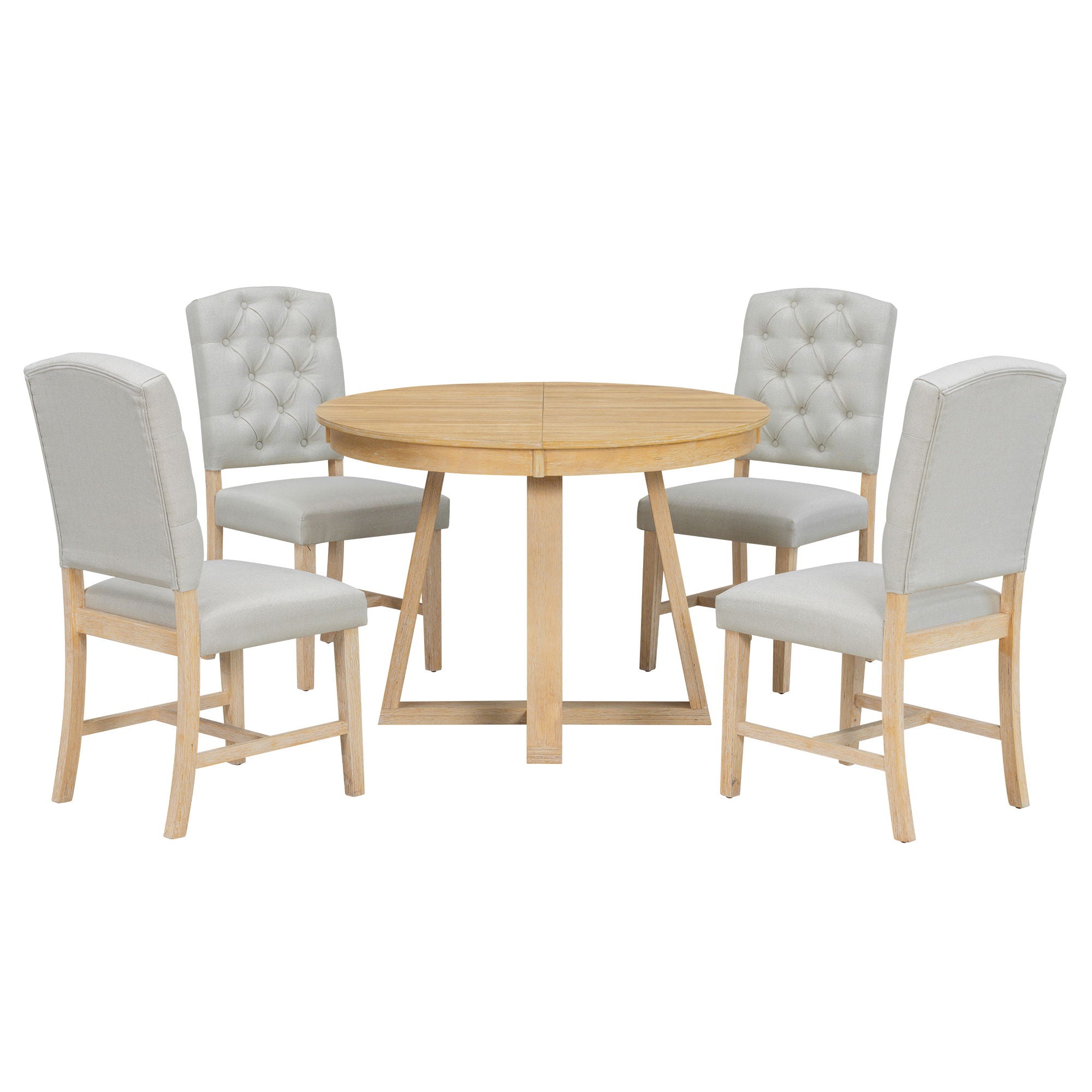 Dining Set With Leaf Round Table And 4 Upholstered Chairs