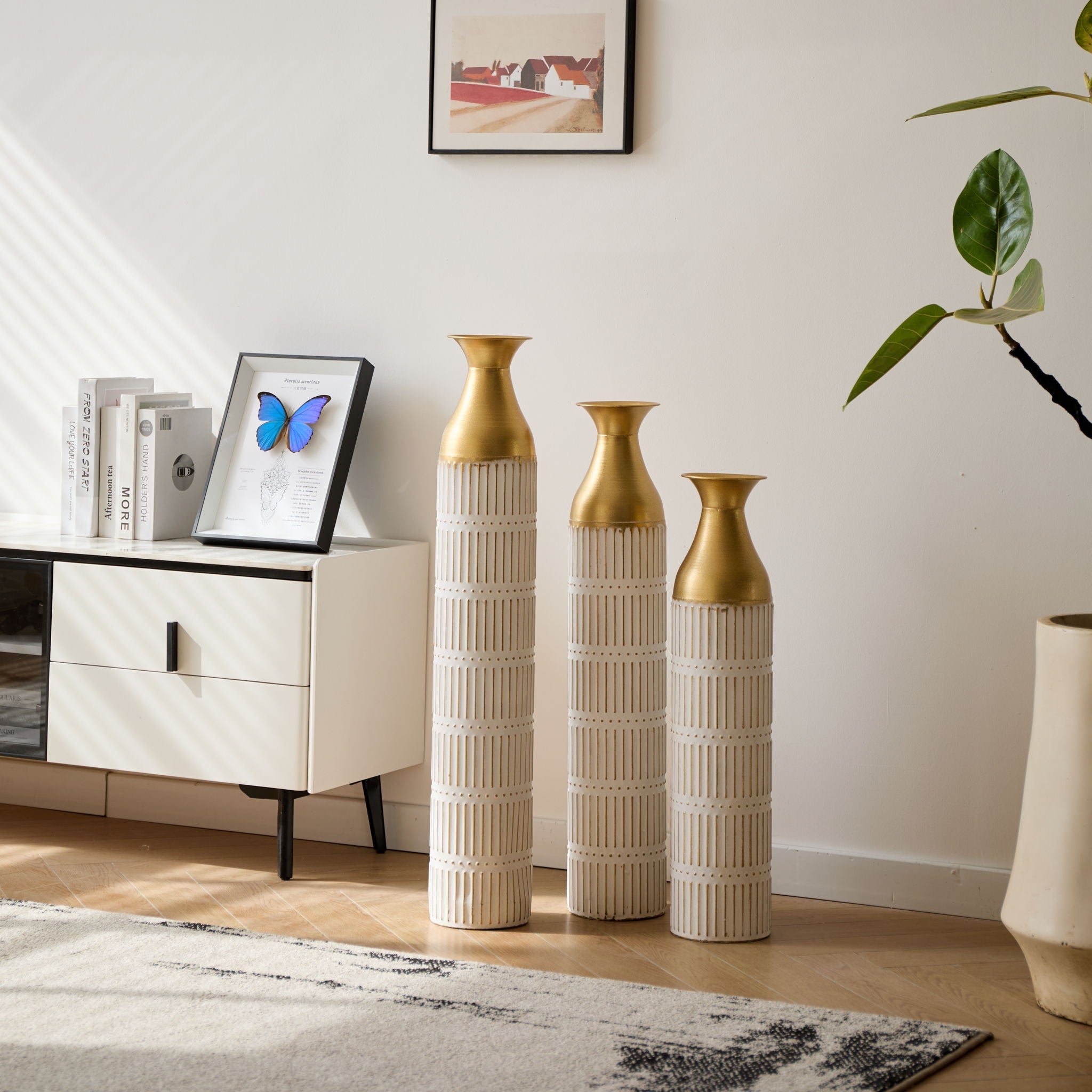 Floor Metal Vases Decorated White Metal Vases (Set of 3) Gorgeous Home Decoration Large Glazed Metal Vases - White