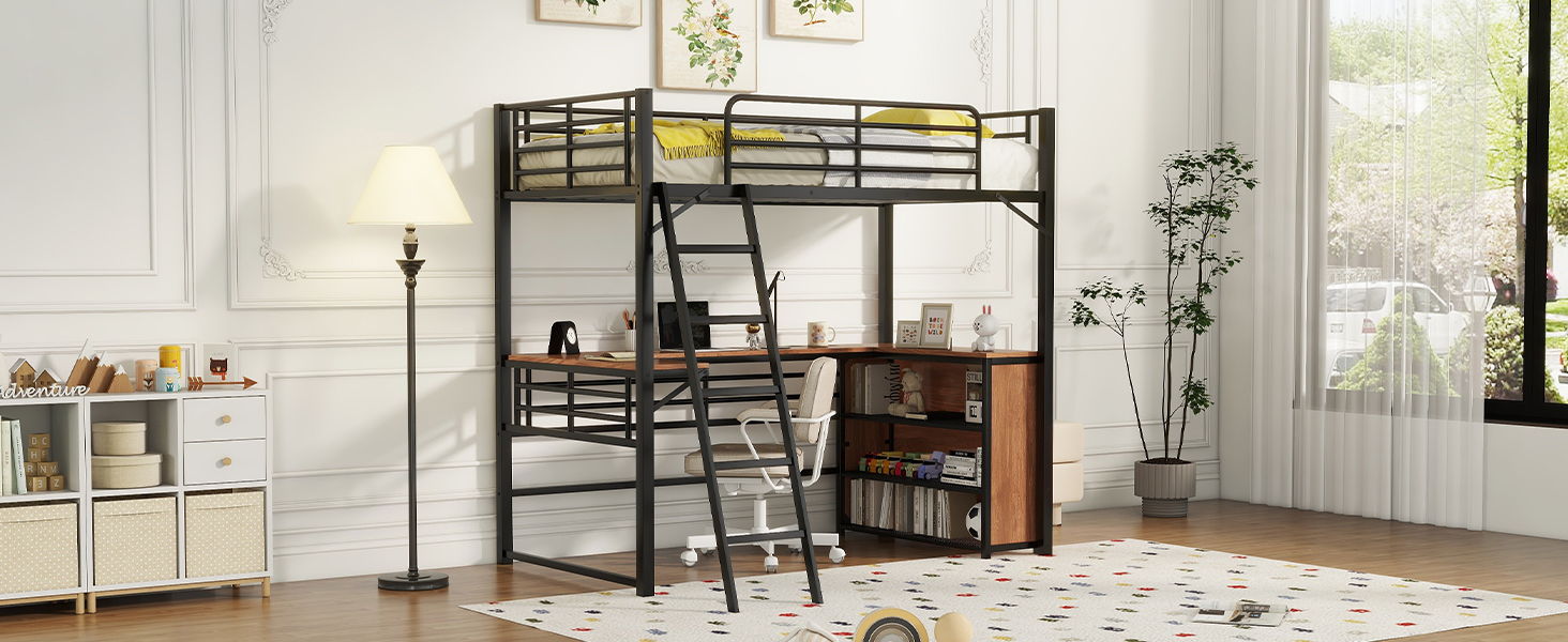 Loft Bed & 3 Layers Of Shelves And L-Shaped Desk