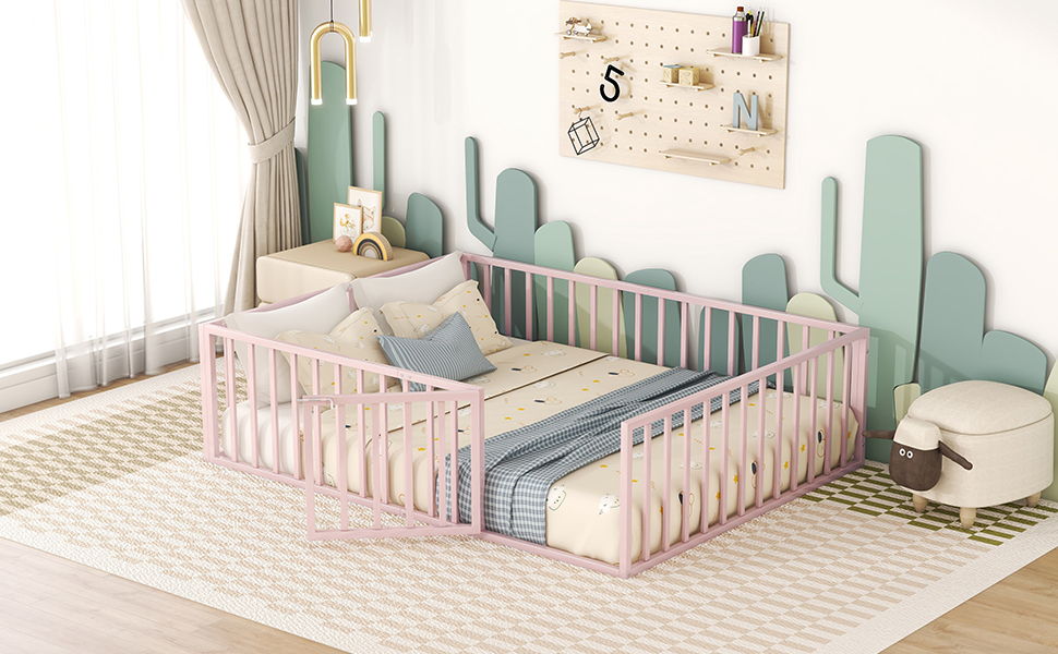 Metal Floor Bed Frame With Fence And Door
