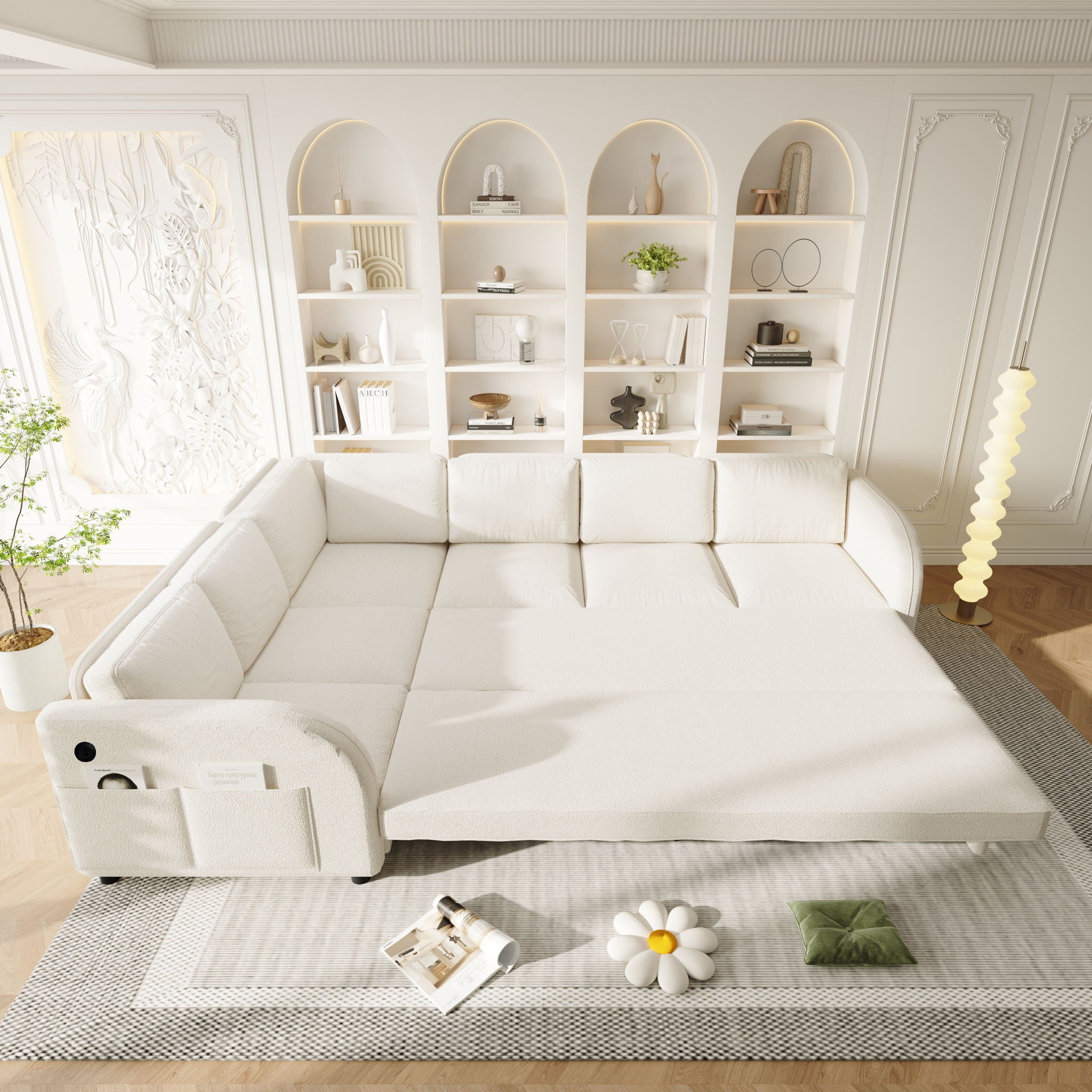 L-Shaped Couch With Pull-Out Bed, Convertible Sleeper Sofa With Side Pocket & USB Port
