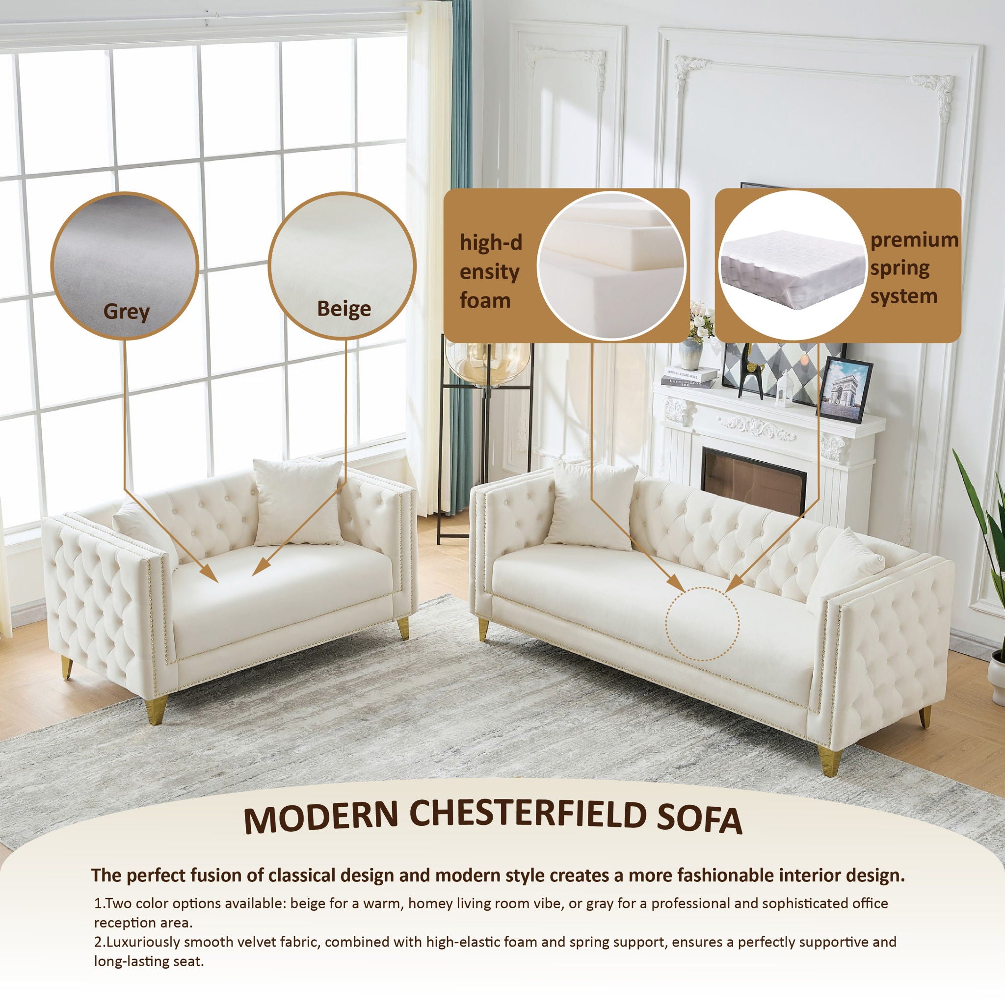 Deep Seat Sofa With Button Nailhead, Square Arm Couches
