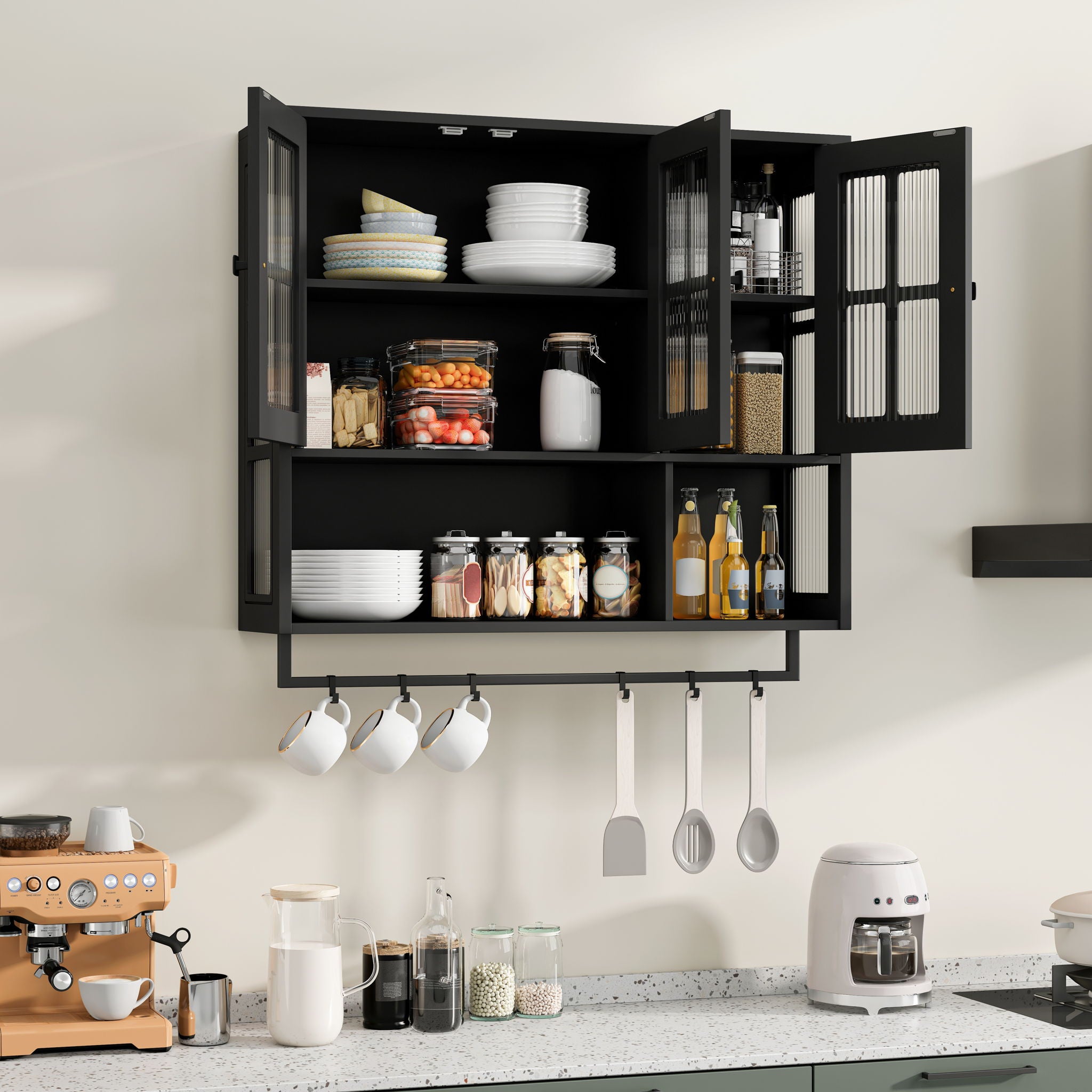 3 Door Wall Cabinet With Glass Door And Towel Bar