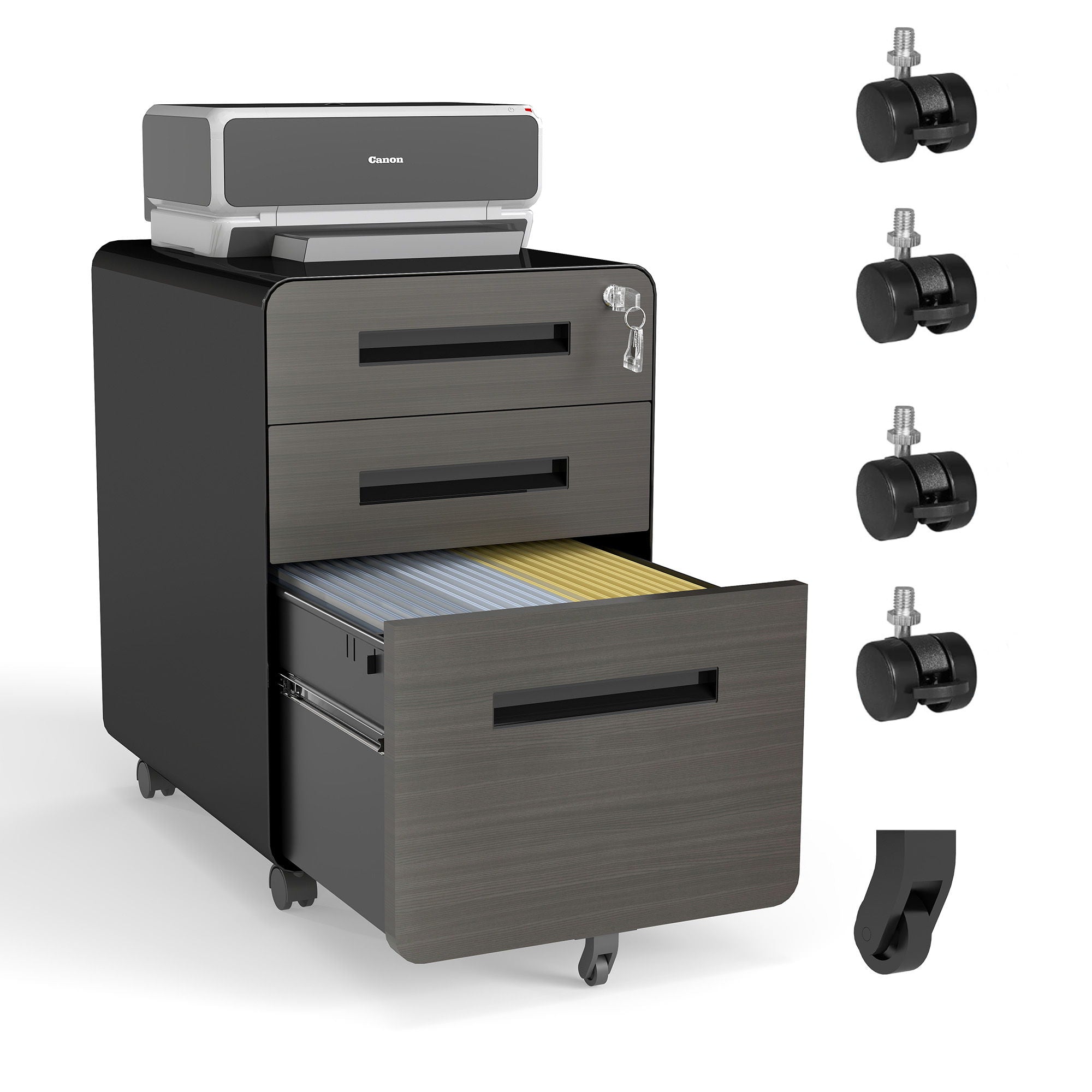 3-Drawer Mobile File Cabinet With Lock, On Casters, Holds A4/Letter Files