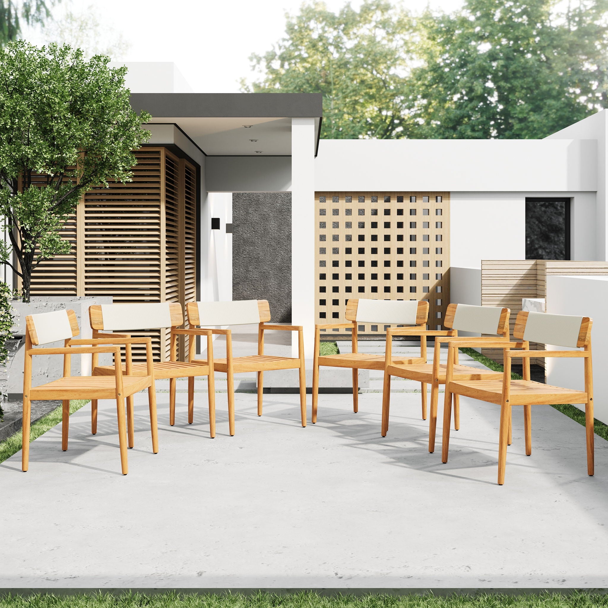 Creative Braided Acacia Wood Outdoor Dining Table And Chairs With Armrests (Set of 2) - Teak / White