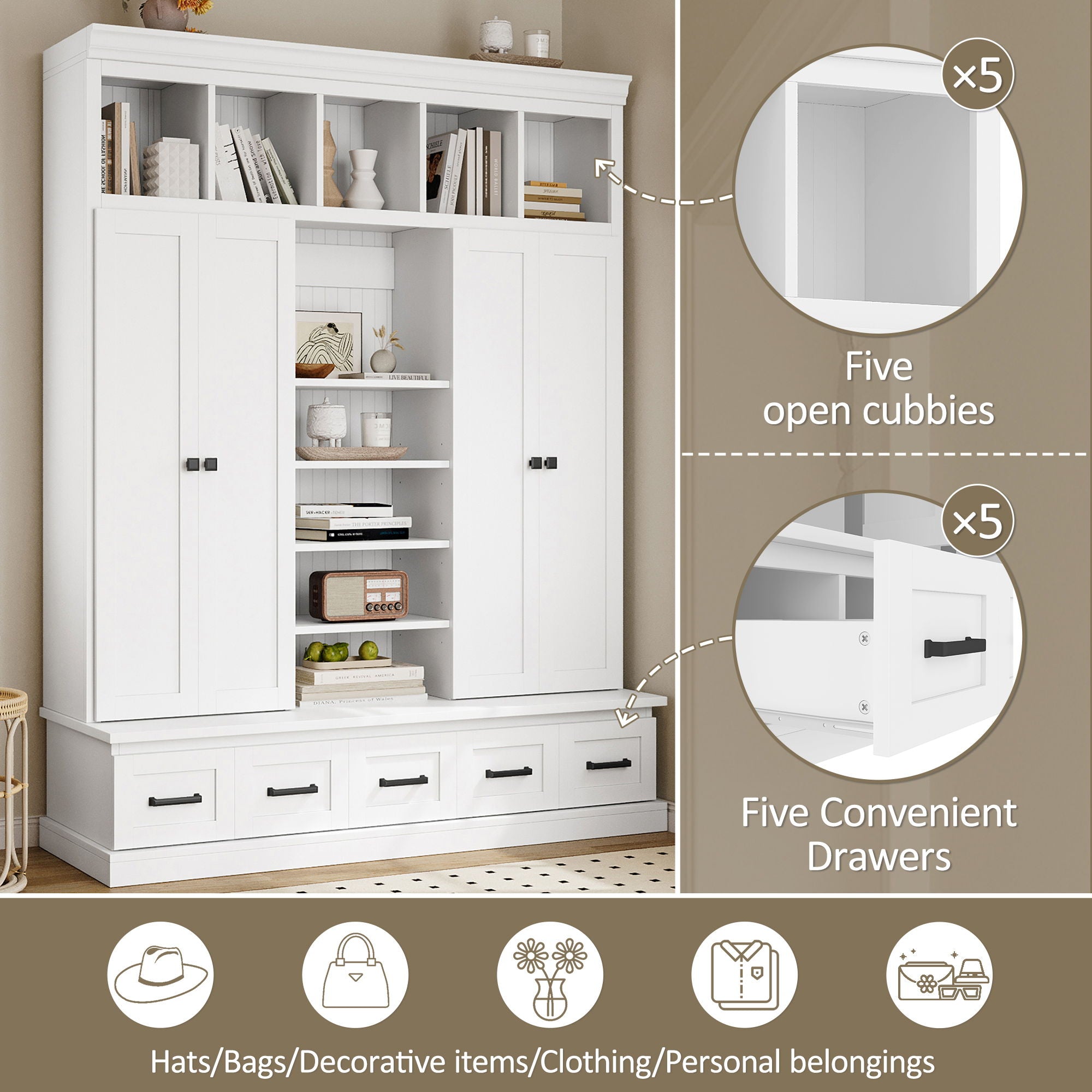 Hall Tree With Bench And 5 Storage Cubbies