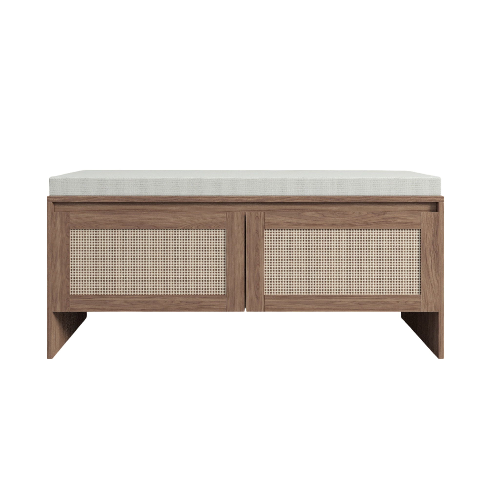 Storage Bench With Cushion, Shoe Cabinet With 2 Doors - Antique Natural / Rattan