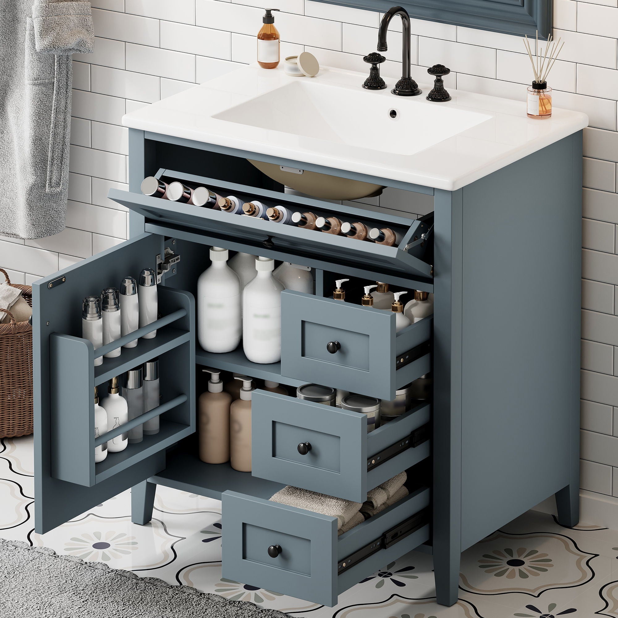 Bathroom Vanity With Sink, 3 Drawers And Adjustable Shelf