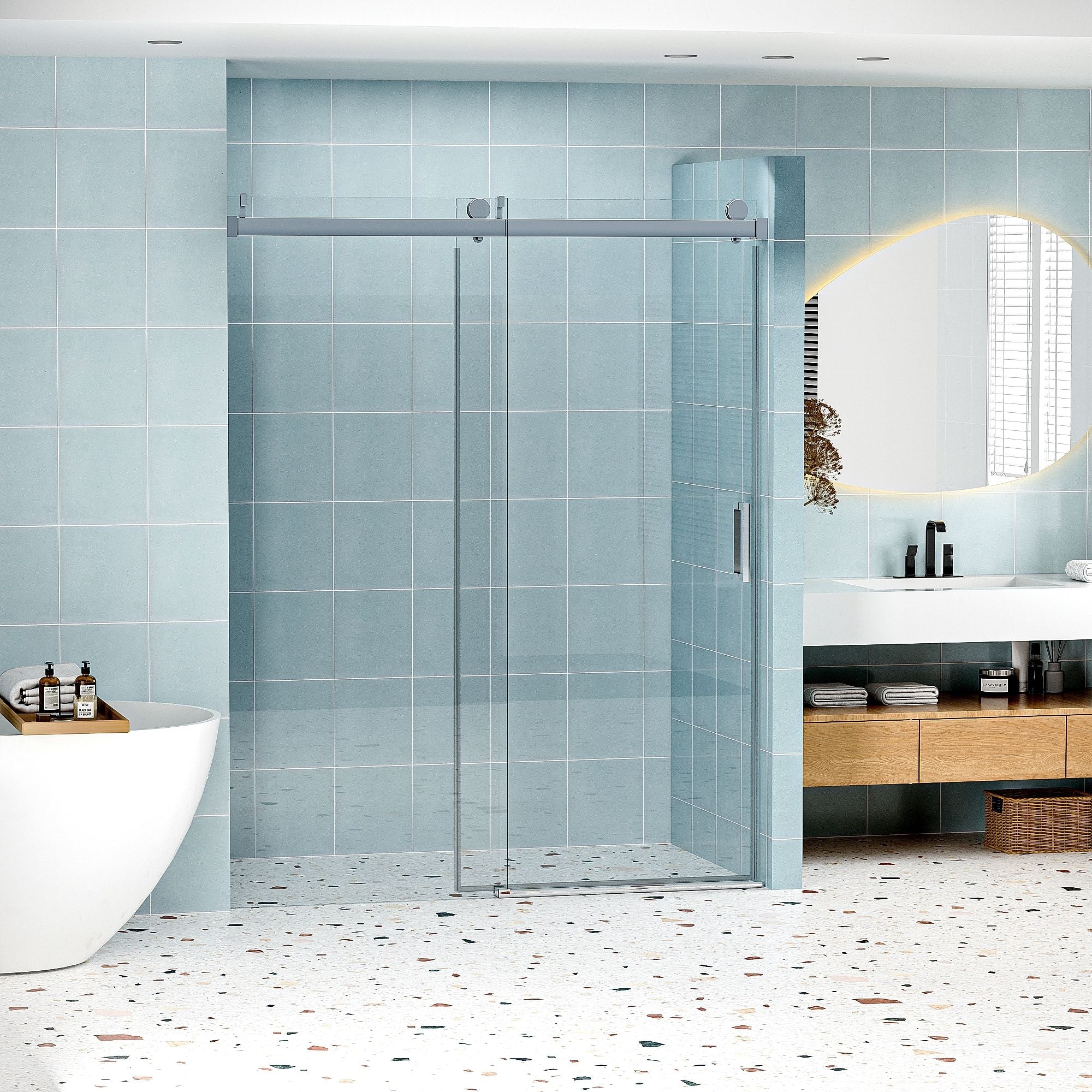 Frameless Soft-Closing Shower Door, 1/4" (6 Mm) Tempered Glass Single Sliding With Explosion Proof Coating