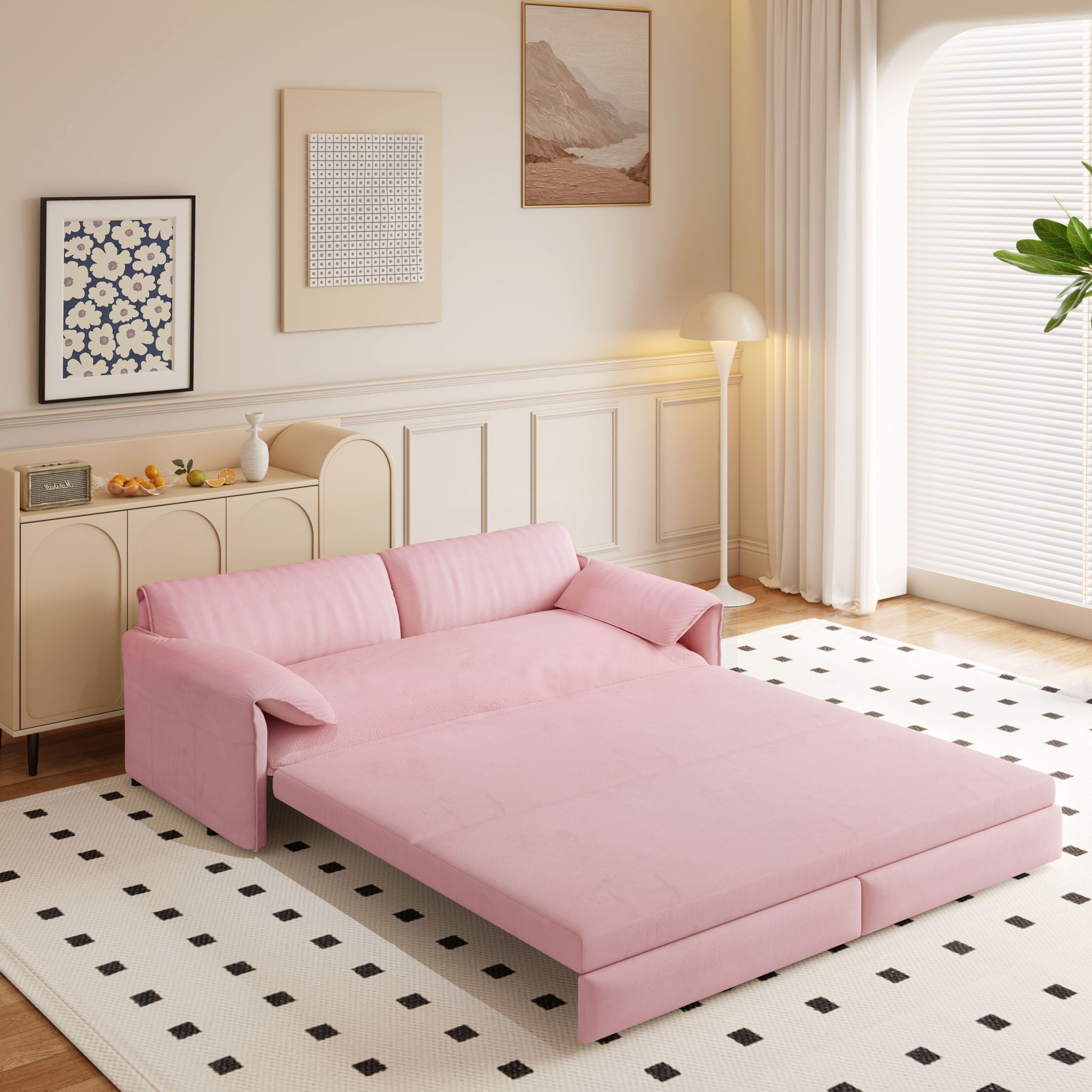 Pull Out 3 In 1 Convertible Sleeper Sofa With Side Storage, Multi Functional