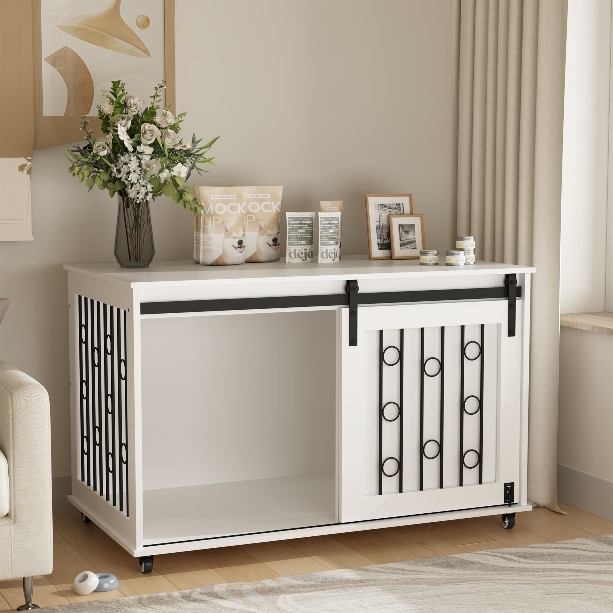 Dog Crate With Sliding Barn Door And Side Access, Lockable Wheels For Small To Medium Dogs - White