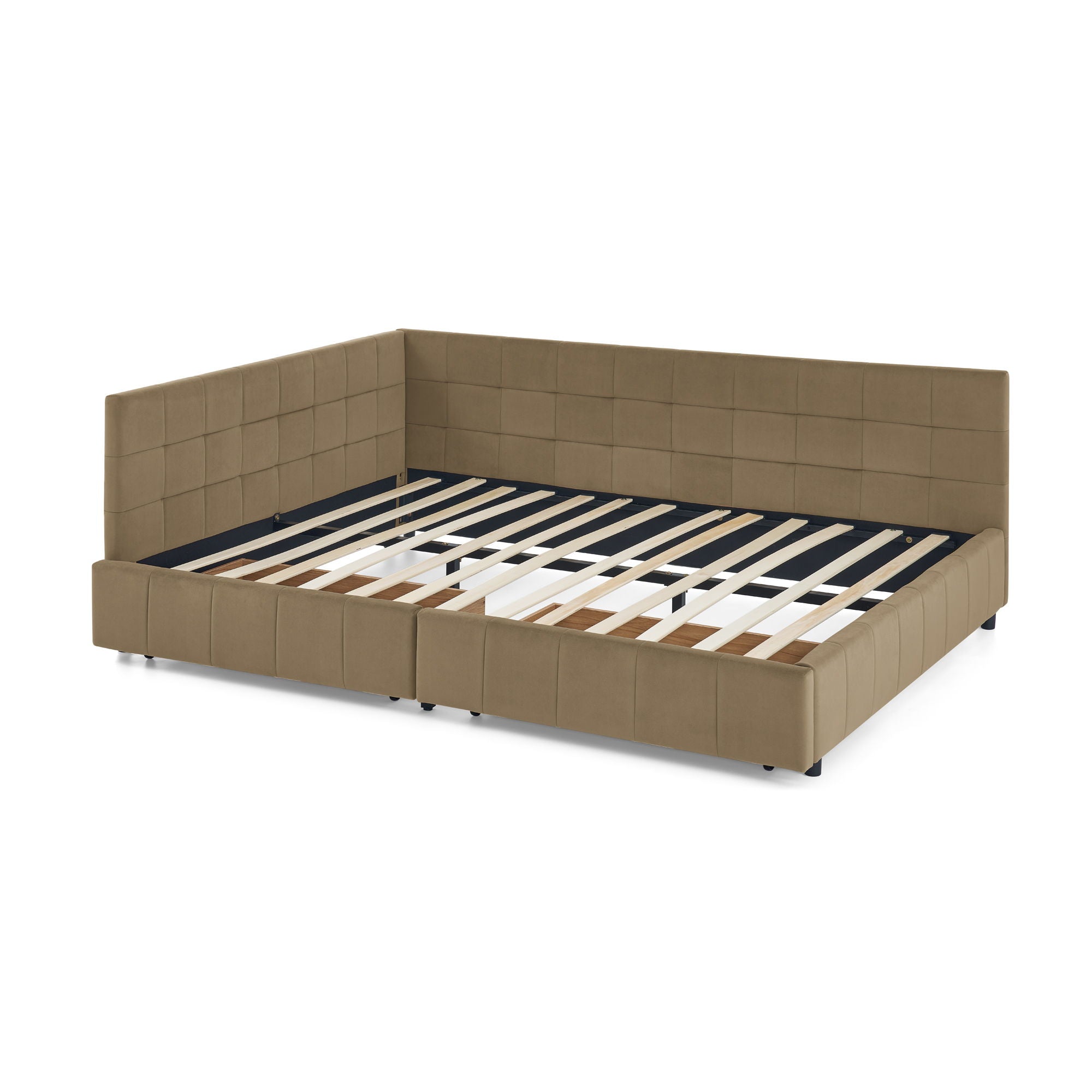 Mid-Century Storage Upholstered Tufted Bed Frame With Backrest And Armrests