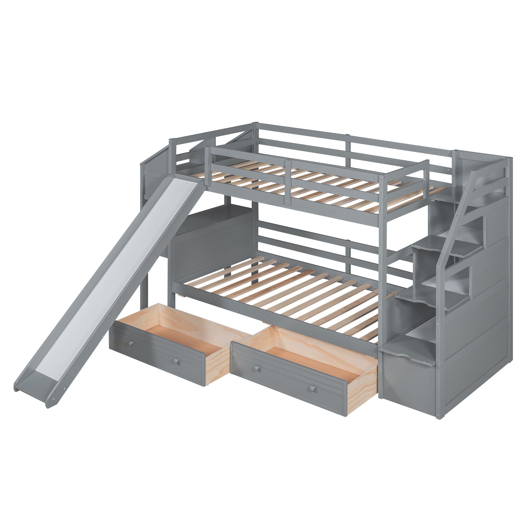 Bunk Bed With Storage Staircase, Slide, Desk, Drawers, And Shelves