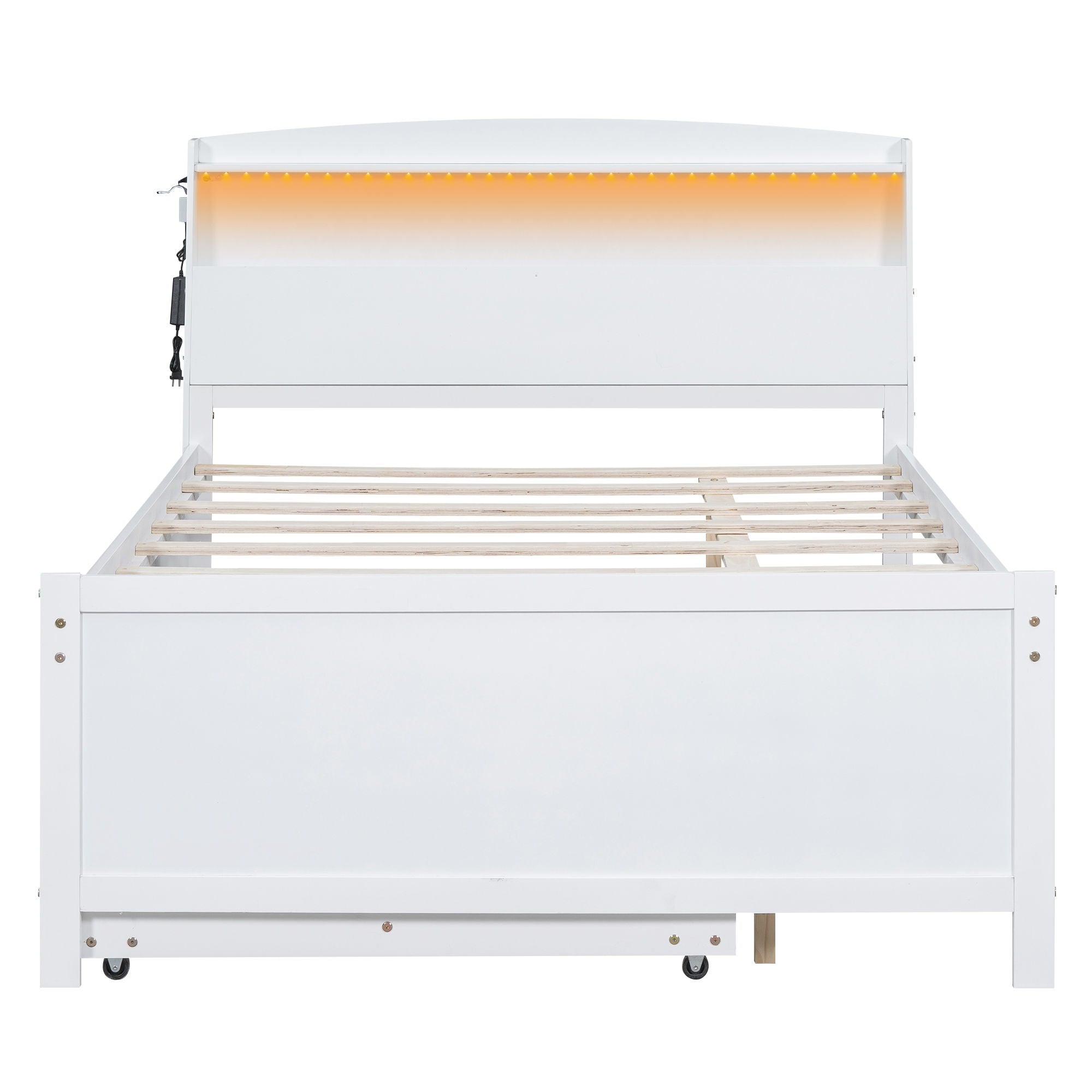 Full Size Platform Bed With Storage LED Headboard, Twin Trundle And 3 Drawers - White