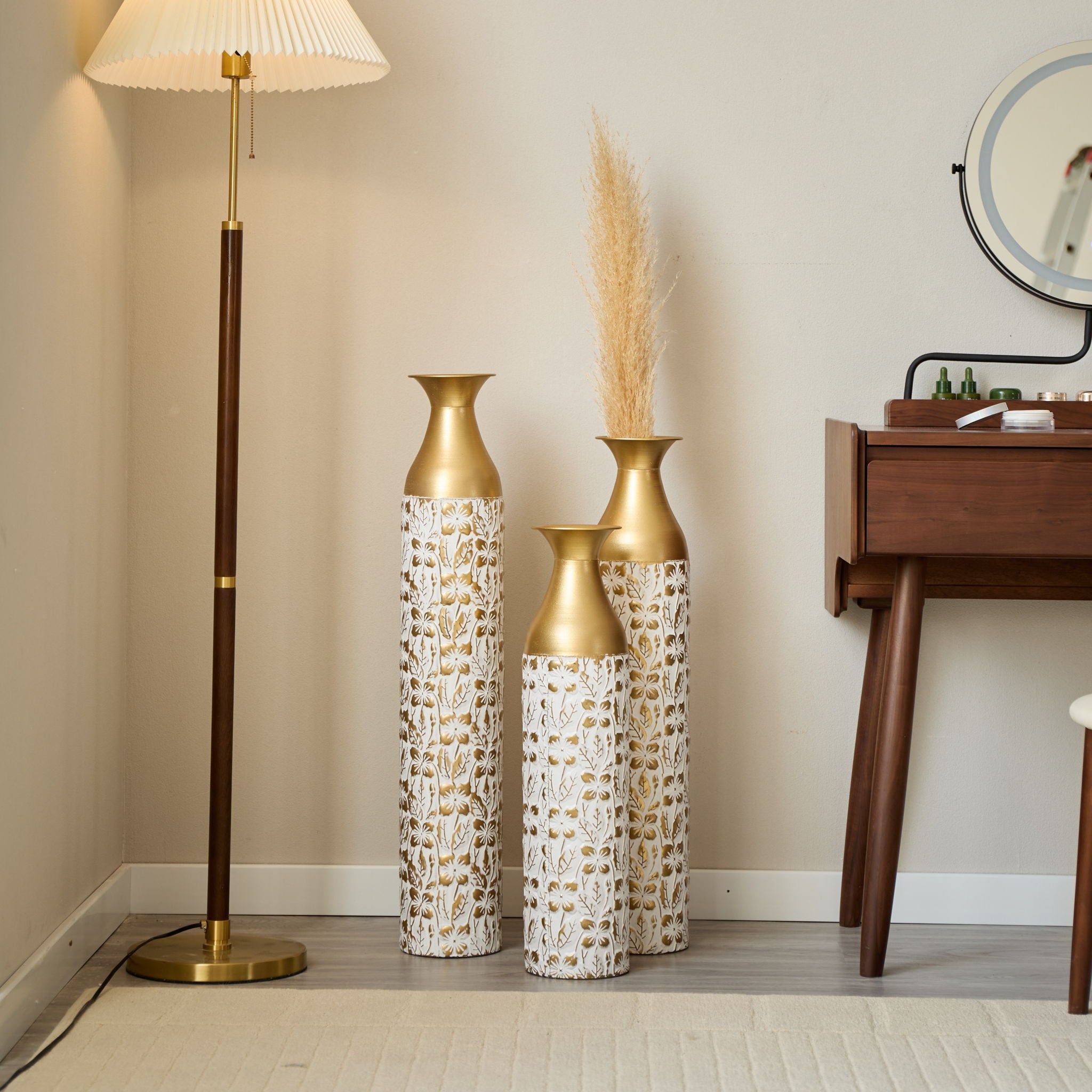 Mother's Day Gift Set Gilded White 3D Relief Flower Metal Vase Set - White / Gold